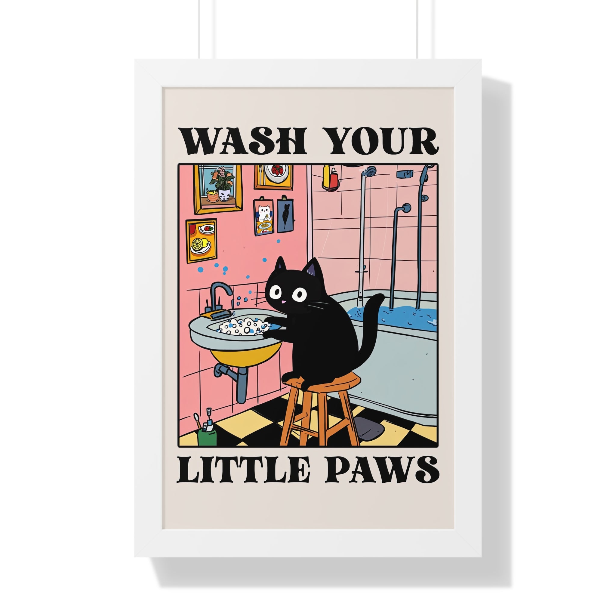 Framed Paper Print - Wash Your Little Paws Cat
