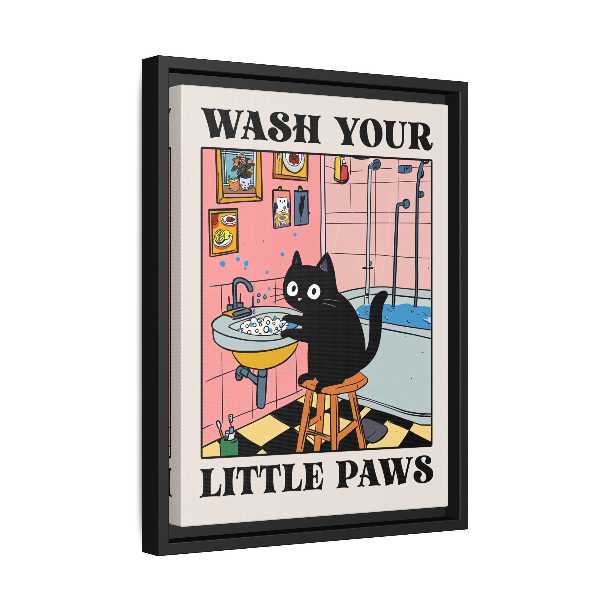 Framed Canvas - Wash Your Little Paws Cat