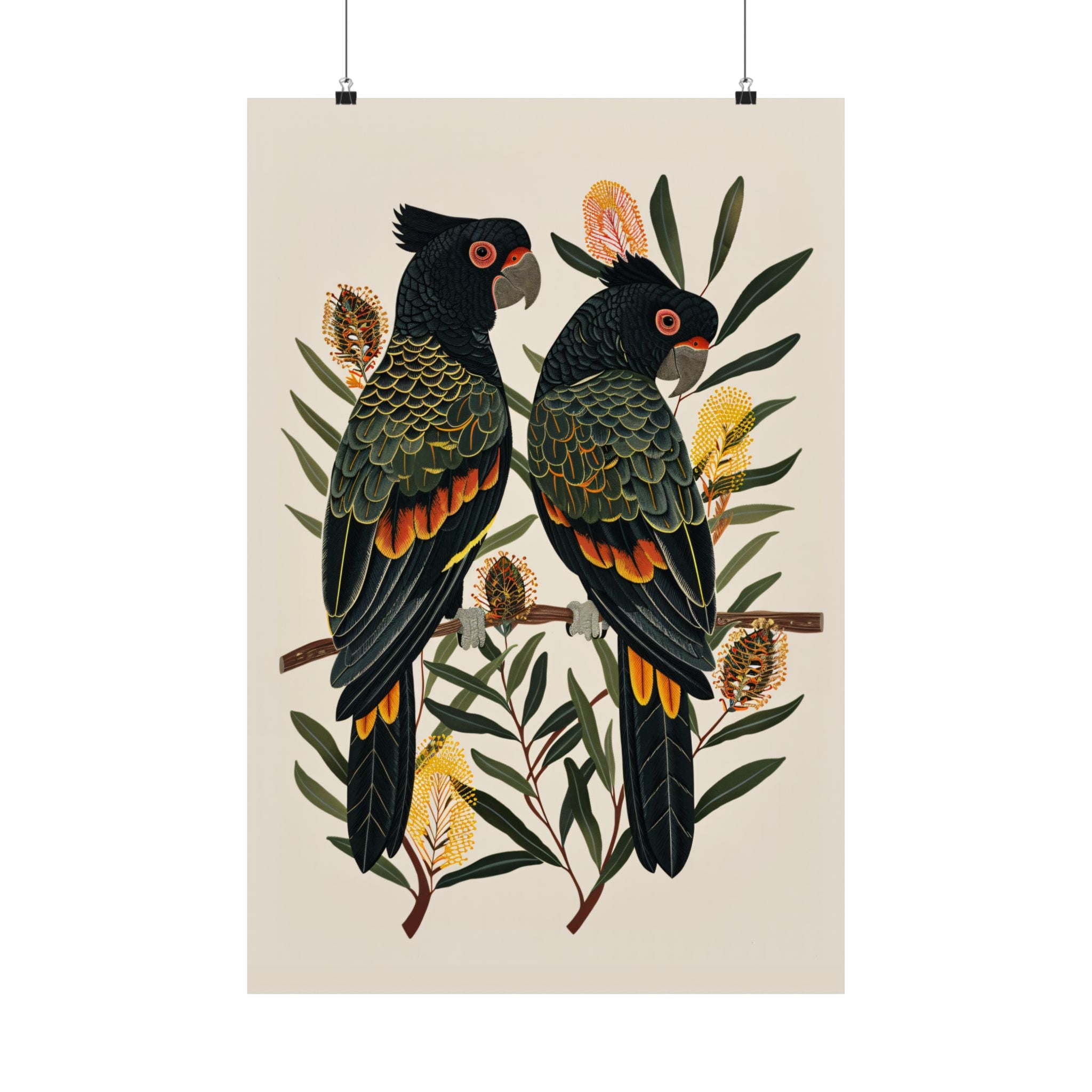 Black Cockatoos Among Banksia
