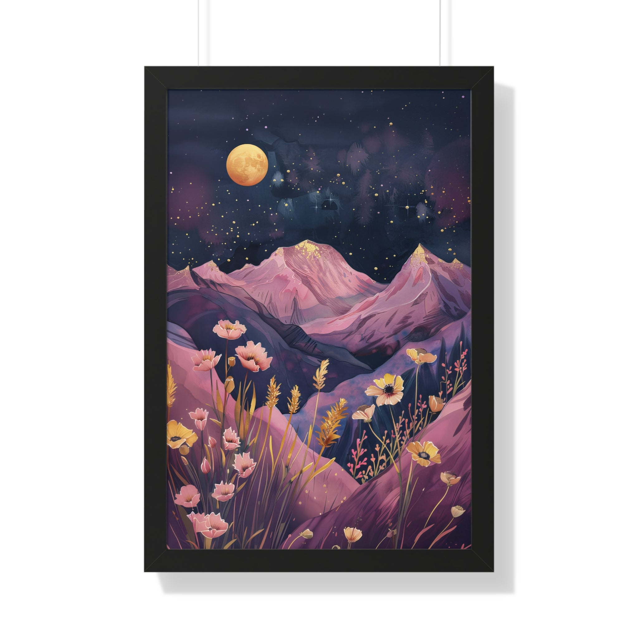 Framed Paper Print - Golden Moon Over Lavender Peaks