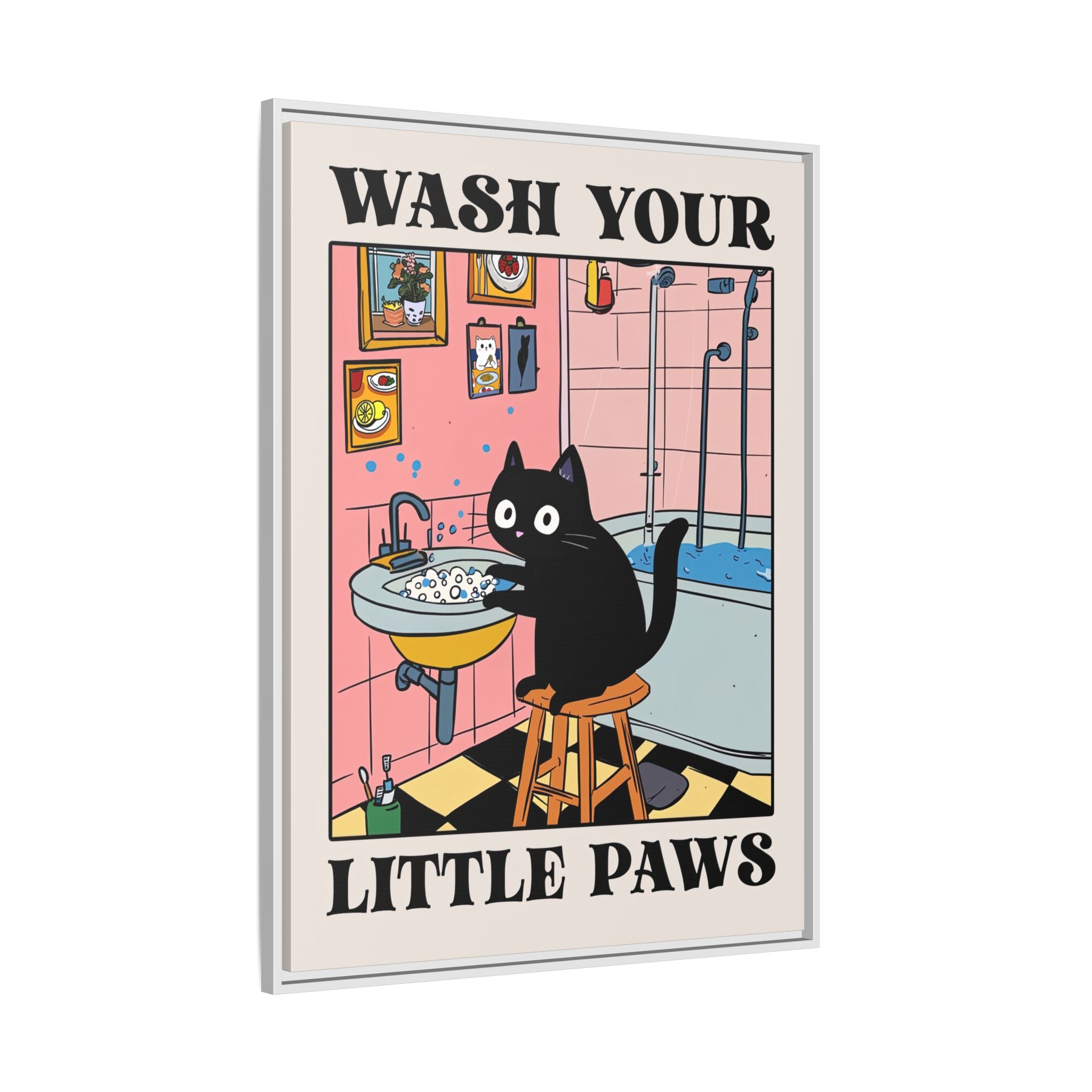 Framed Canvas - Wash Your Little Paws Cat
