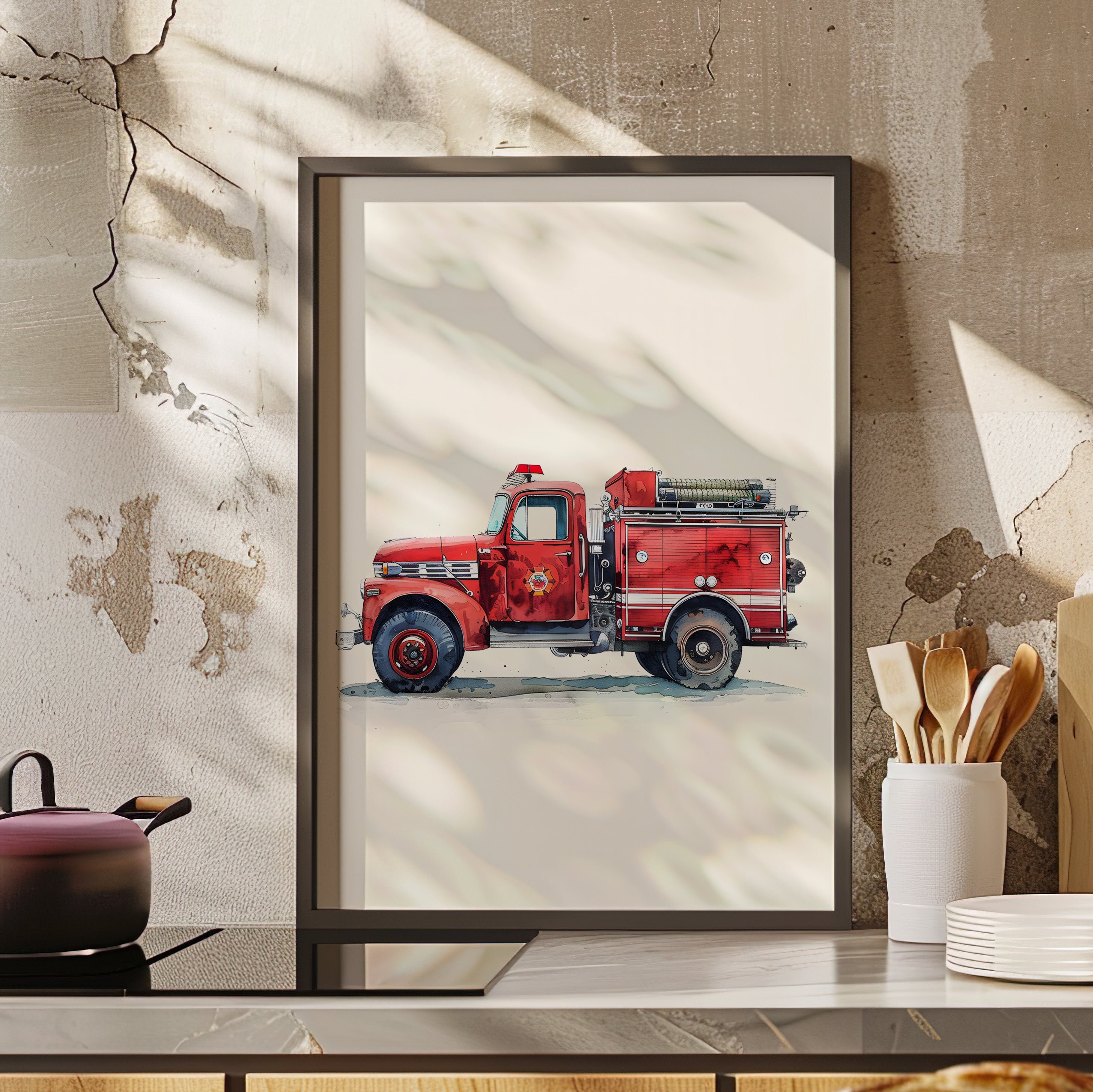 Framed Paper Print - Vintage Firetruck Nursery
