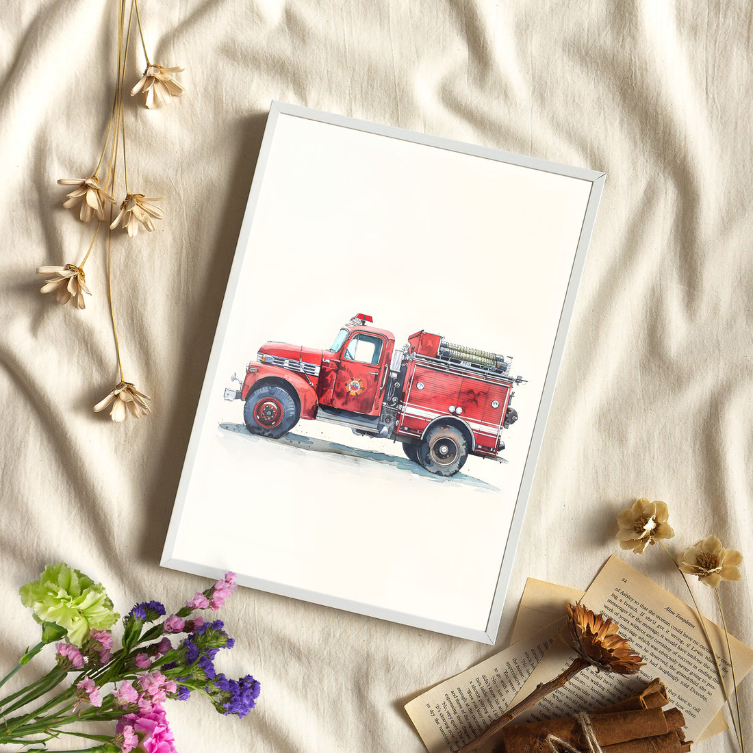 Framed Paper Print - Vintage Firetruck Nursery