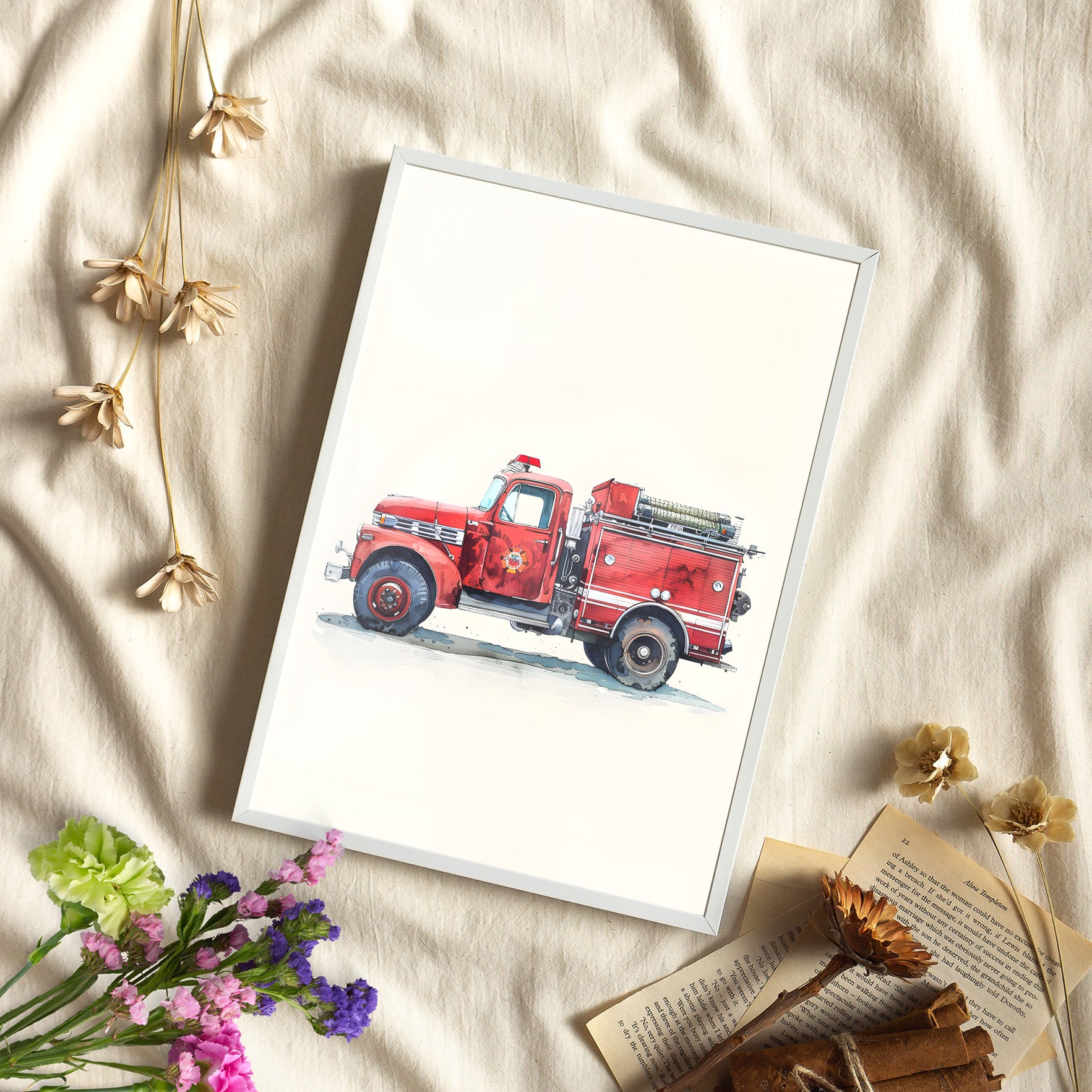 Framed Paper Print - Vintage Firetruck Nursery