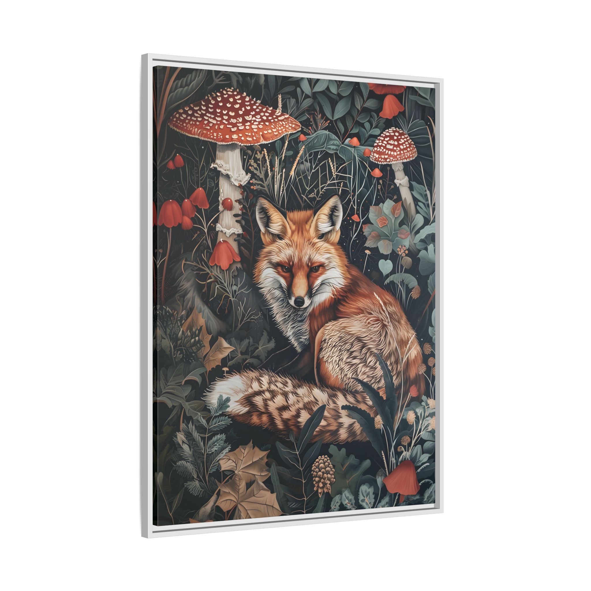 Framed Canvas - Forest Fox with Mushrooms