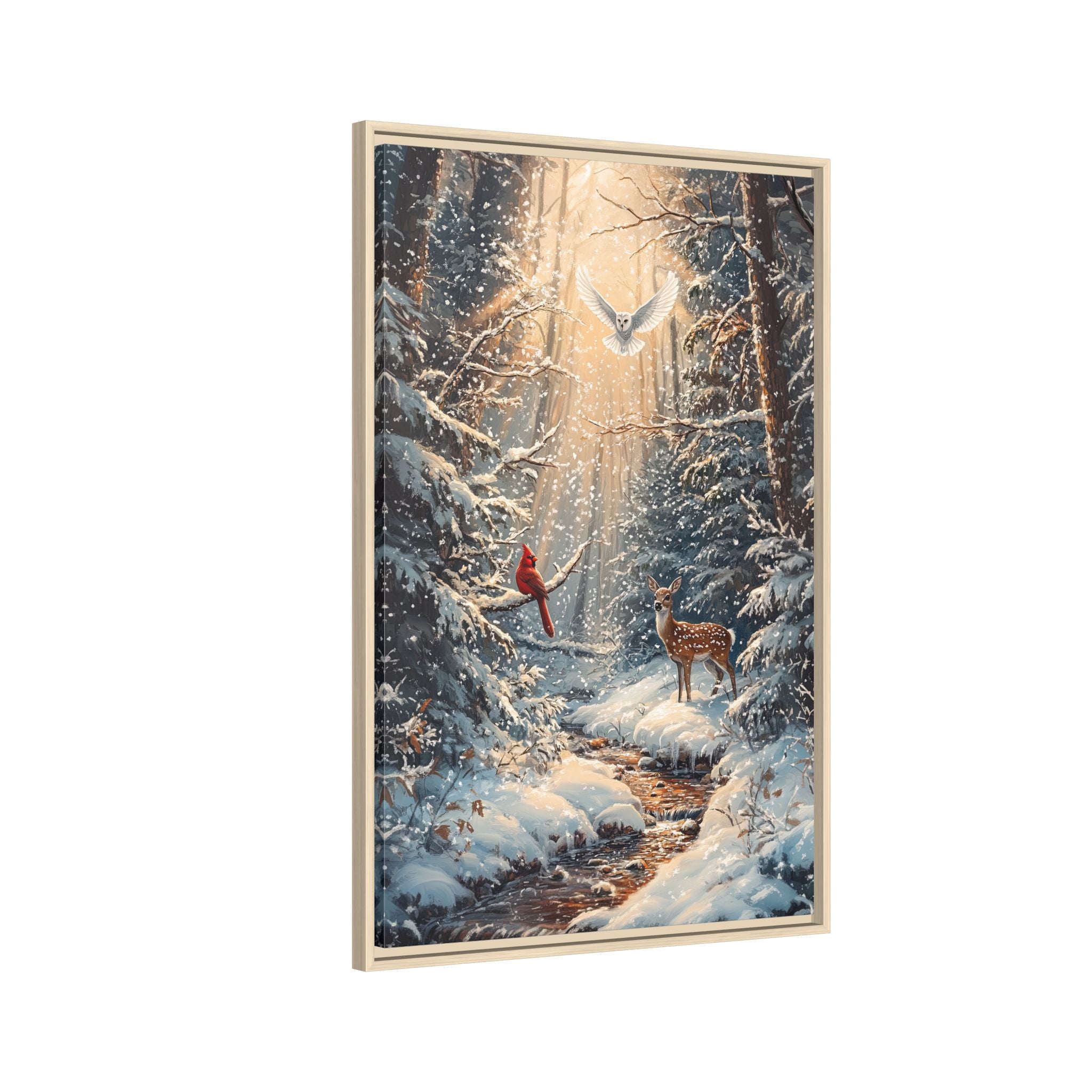 Framed Canvas - Winter Cardinal Deer Owl