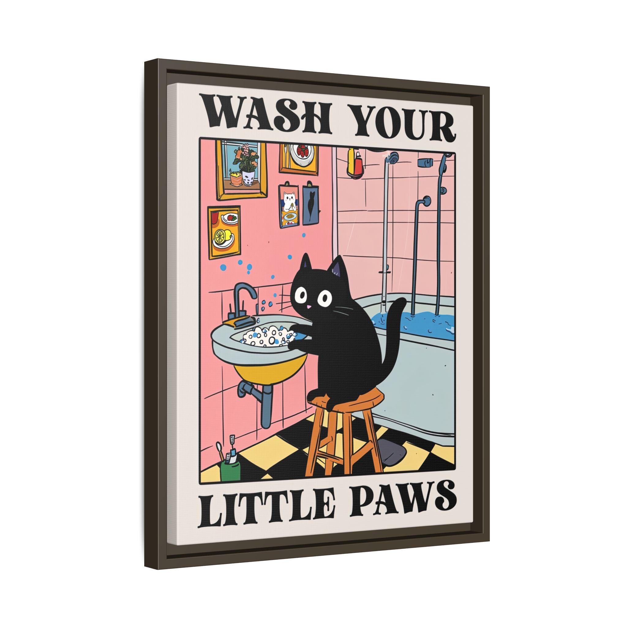 Framed Canvas - Wash Your Little Paws Cat