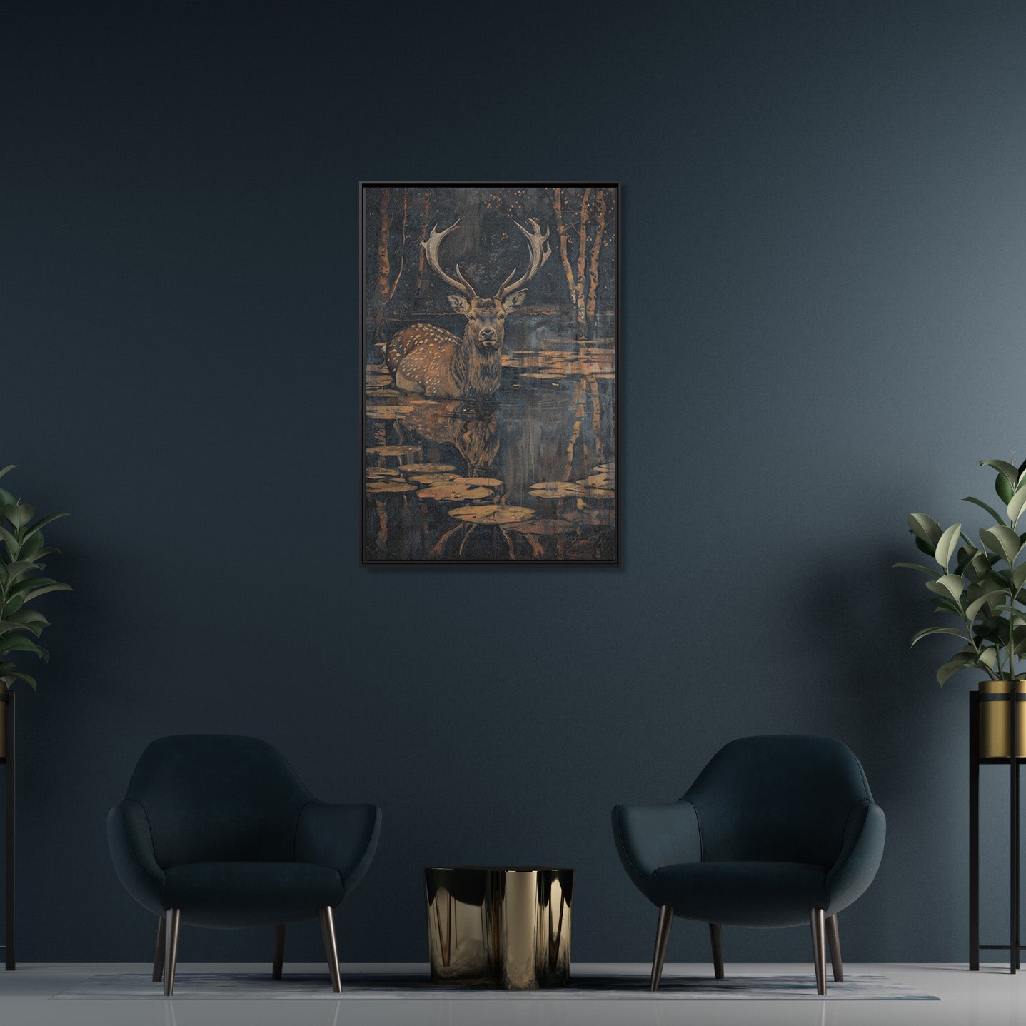 Framed Canvas - Twilight Stag Reflection