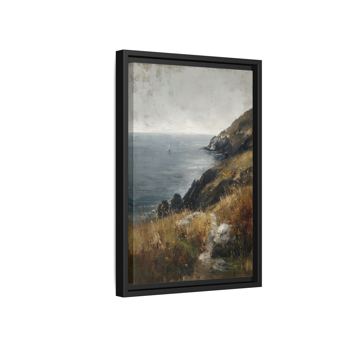 Framed Canvas - Cliffside Sailboat Seascape