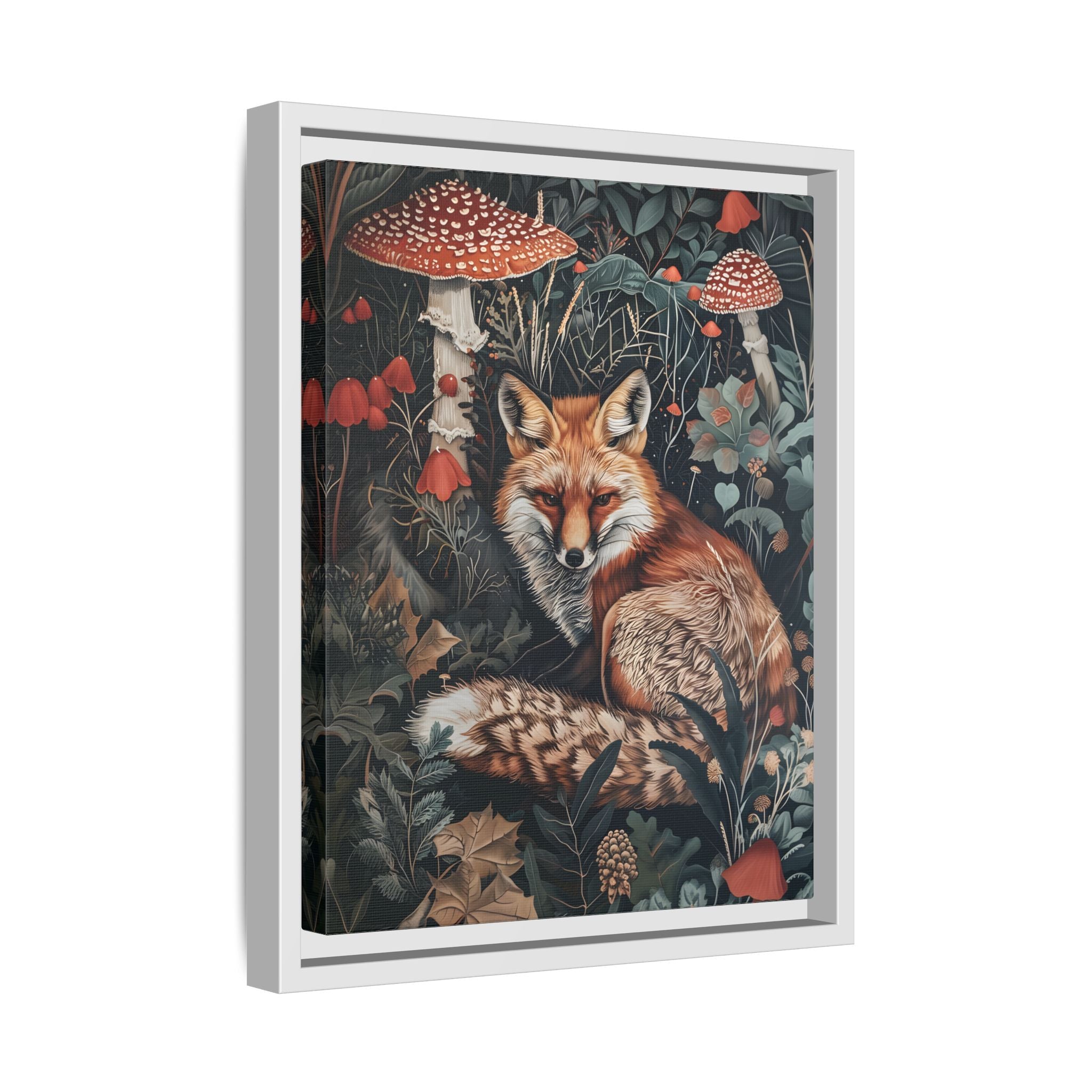 Framed Canvas - Forest Fox with Mushrooms