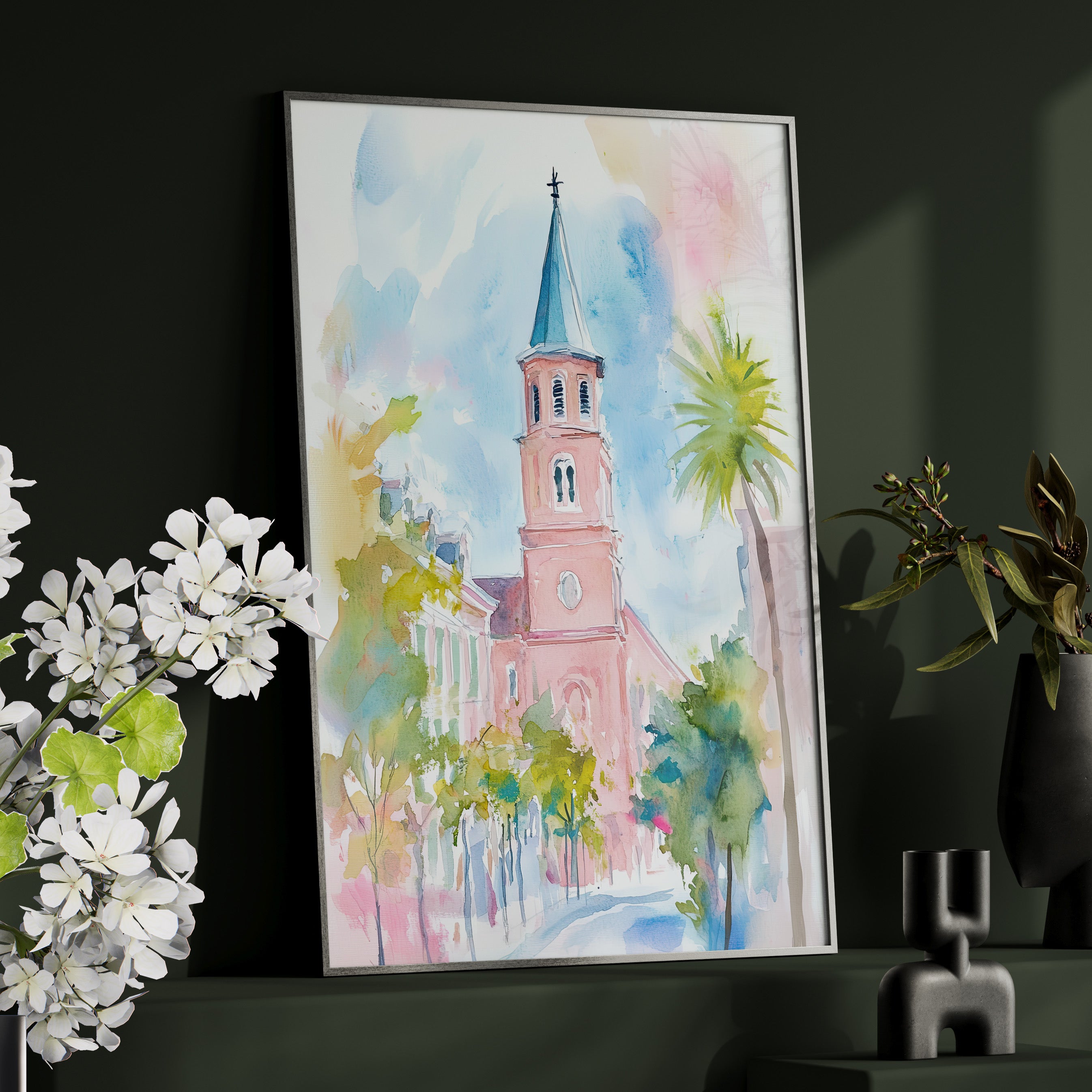 Framed Paper Print - Charleston Steeple in Pastel Haze