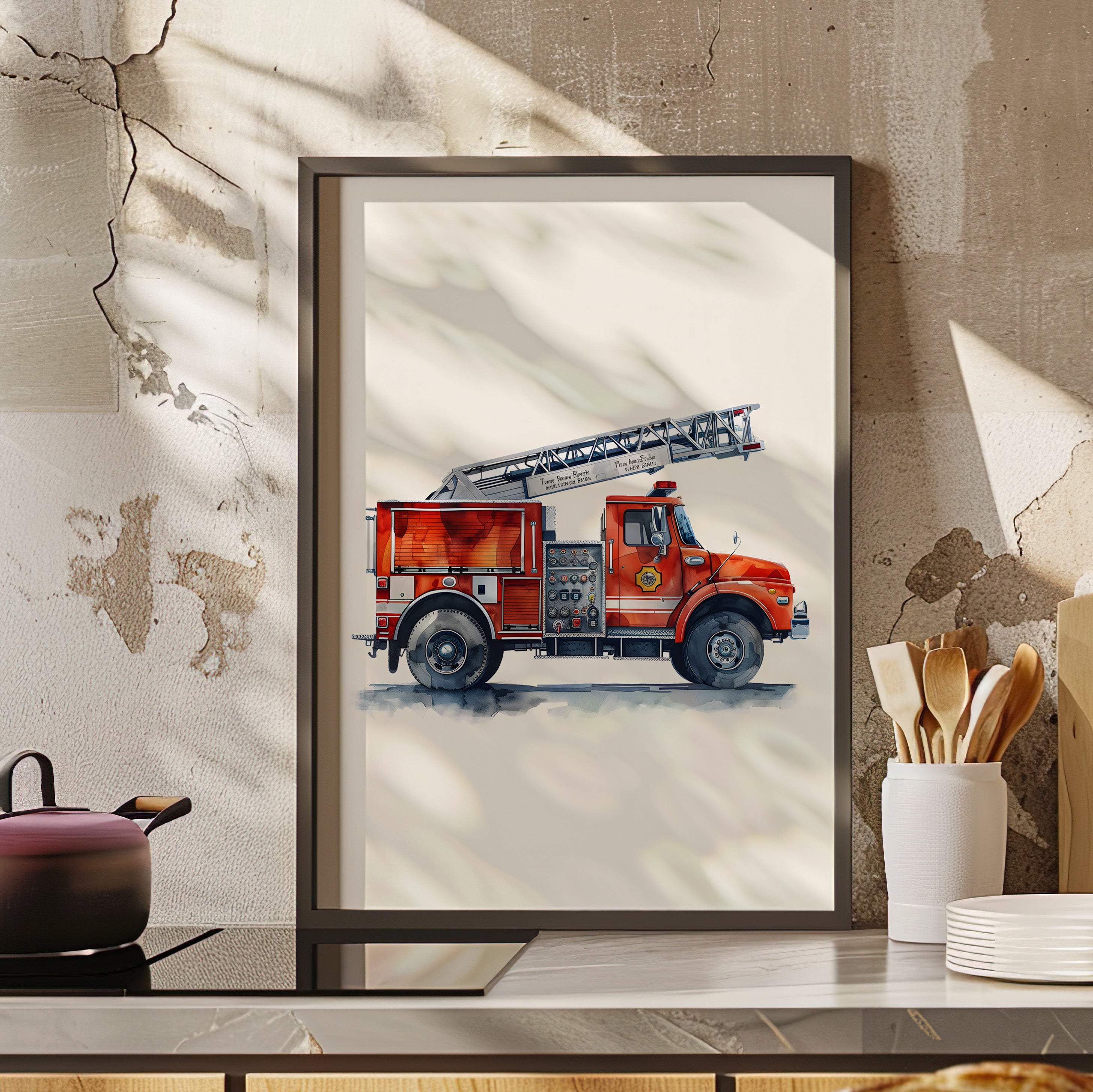 Framed Paper Print - Ladder Firetruck Nursery