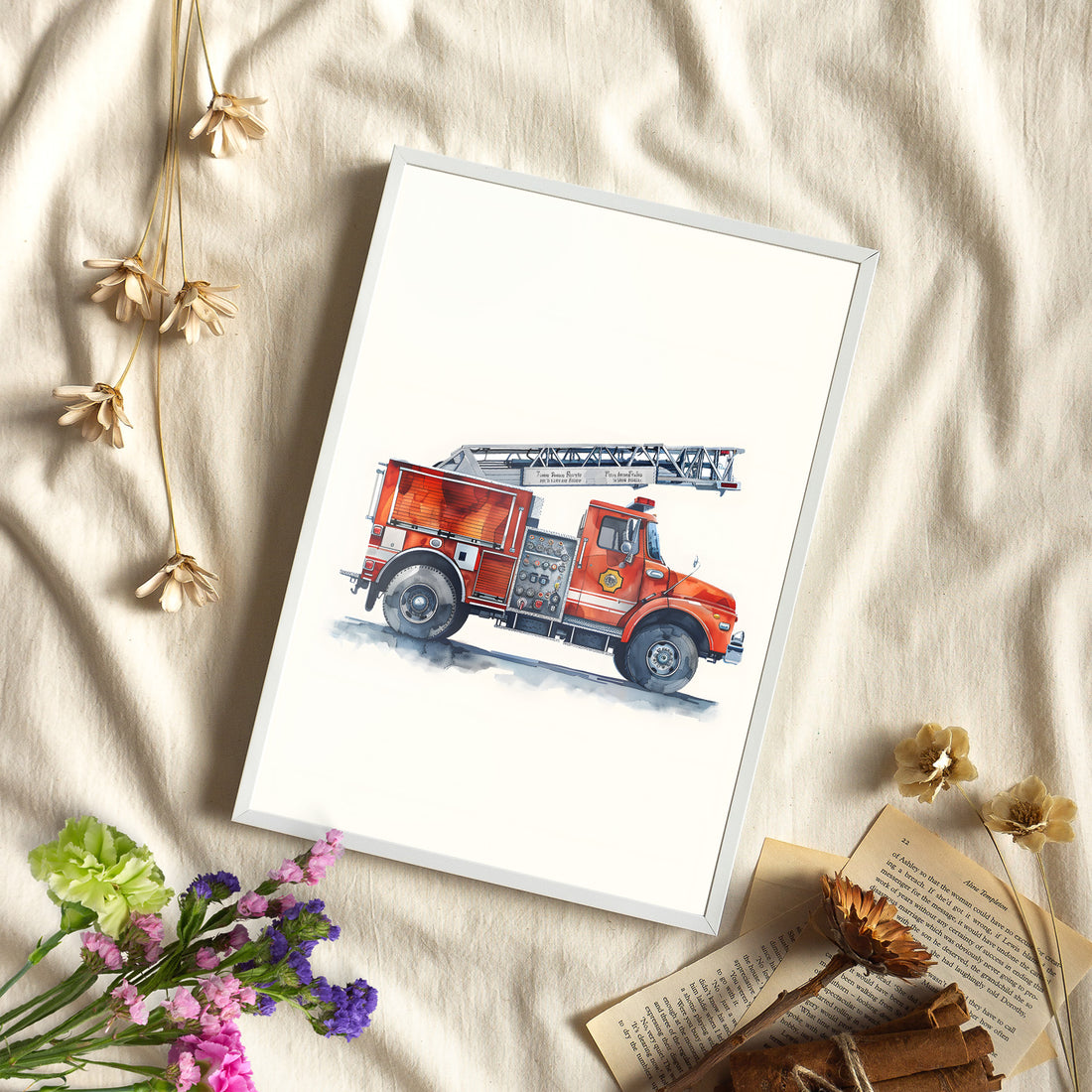 Framed Paper Print - Ladder Firetruck Nursery