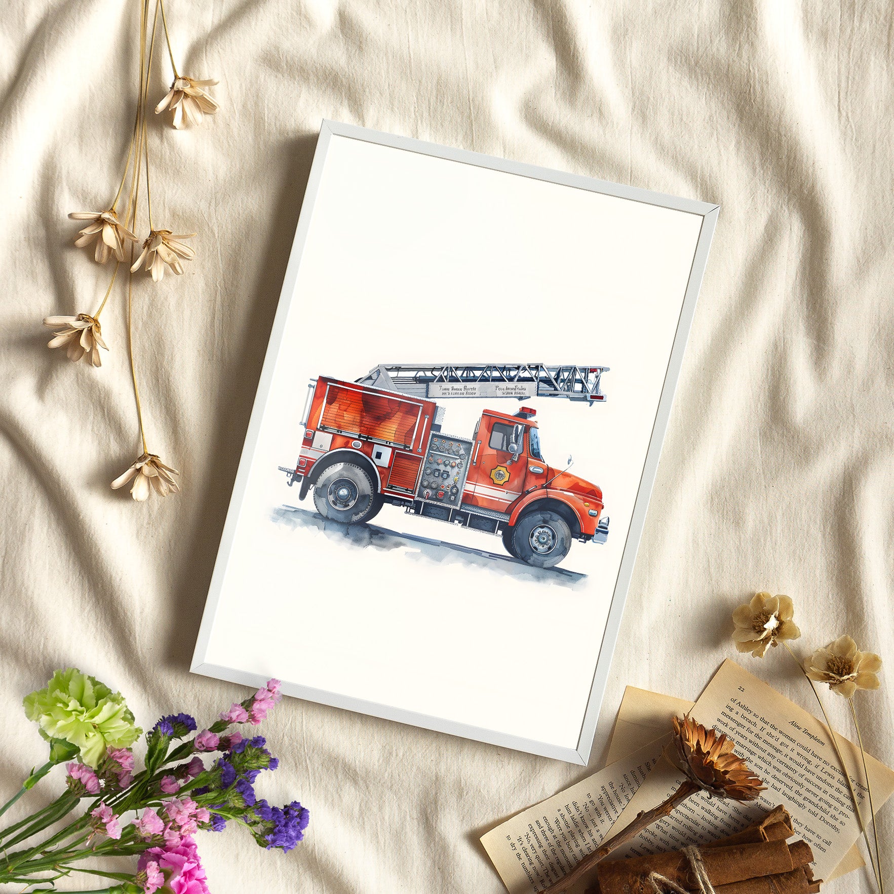 Framed Paper Print - Ladder Firetruck Nursery