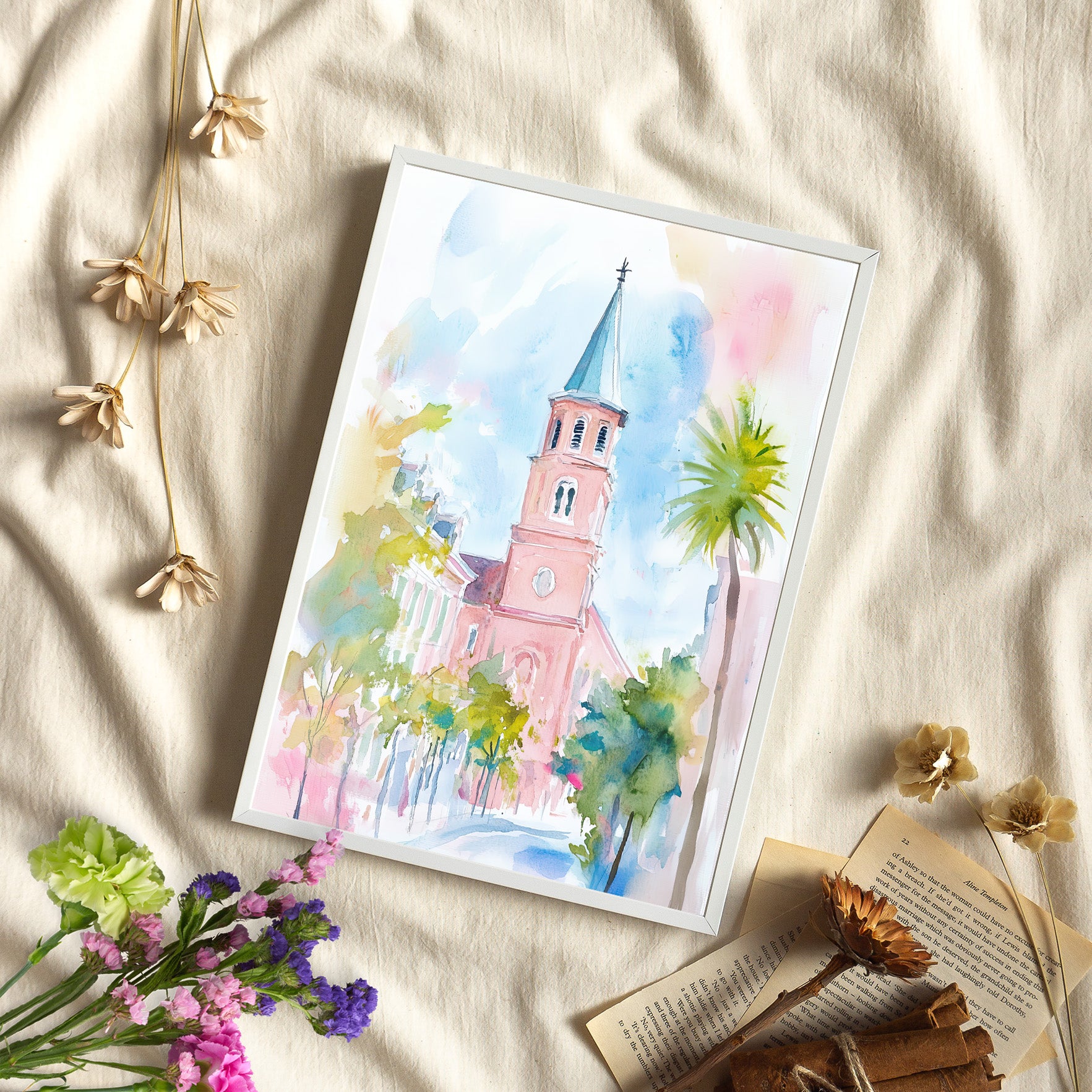 Framed Paper Print - Charleston Steeple in Pastel Haze