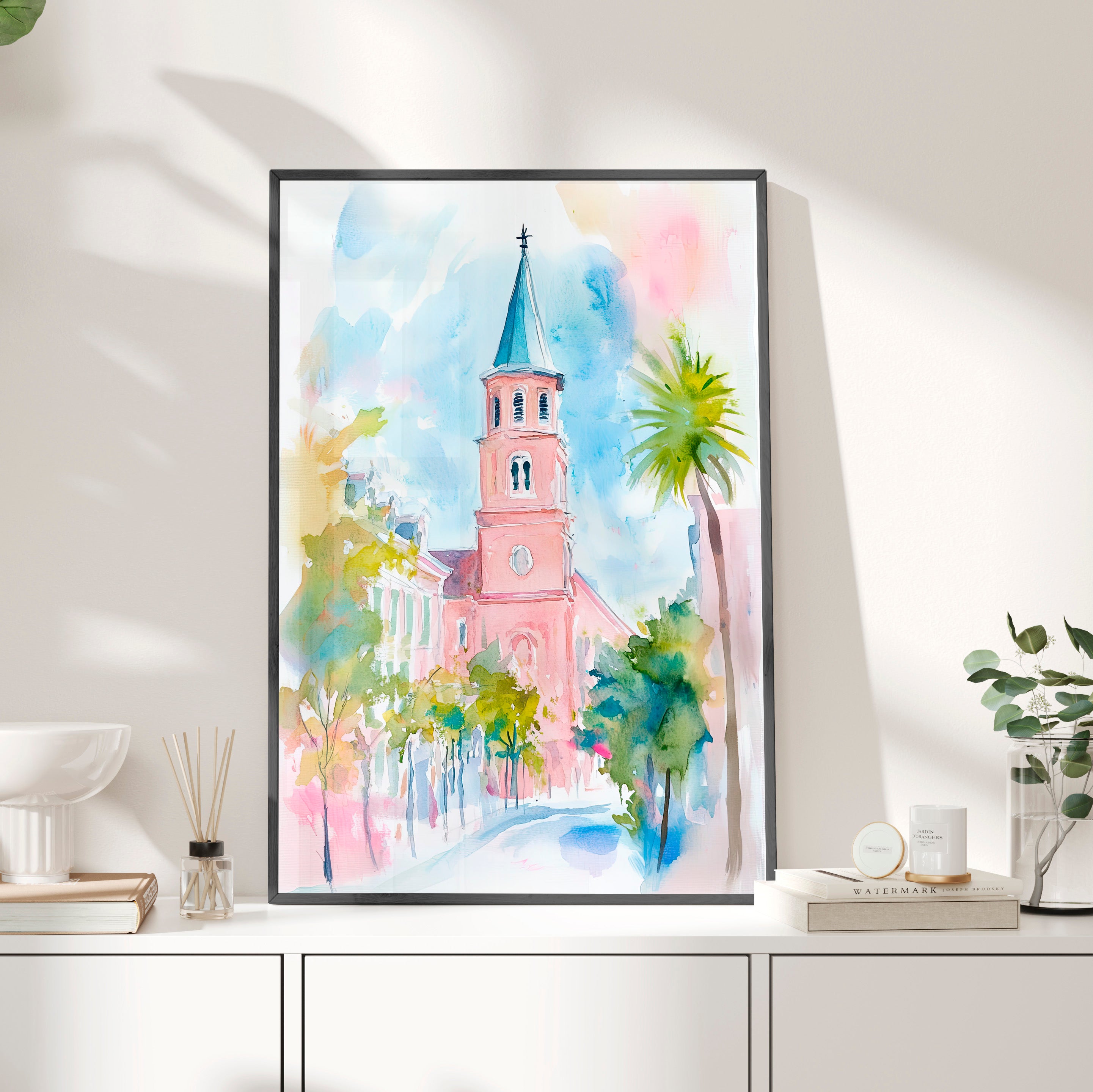 Framed Paper Print - Charleston Steeple in Pastel Haze