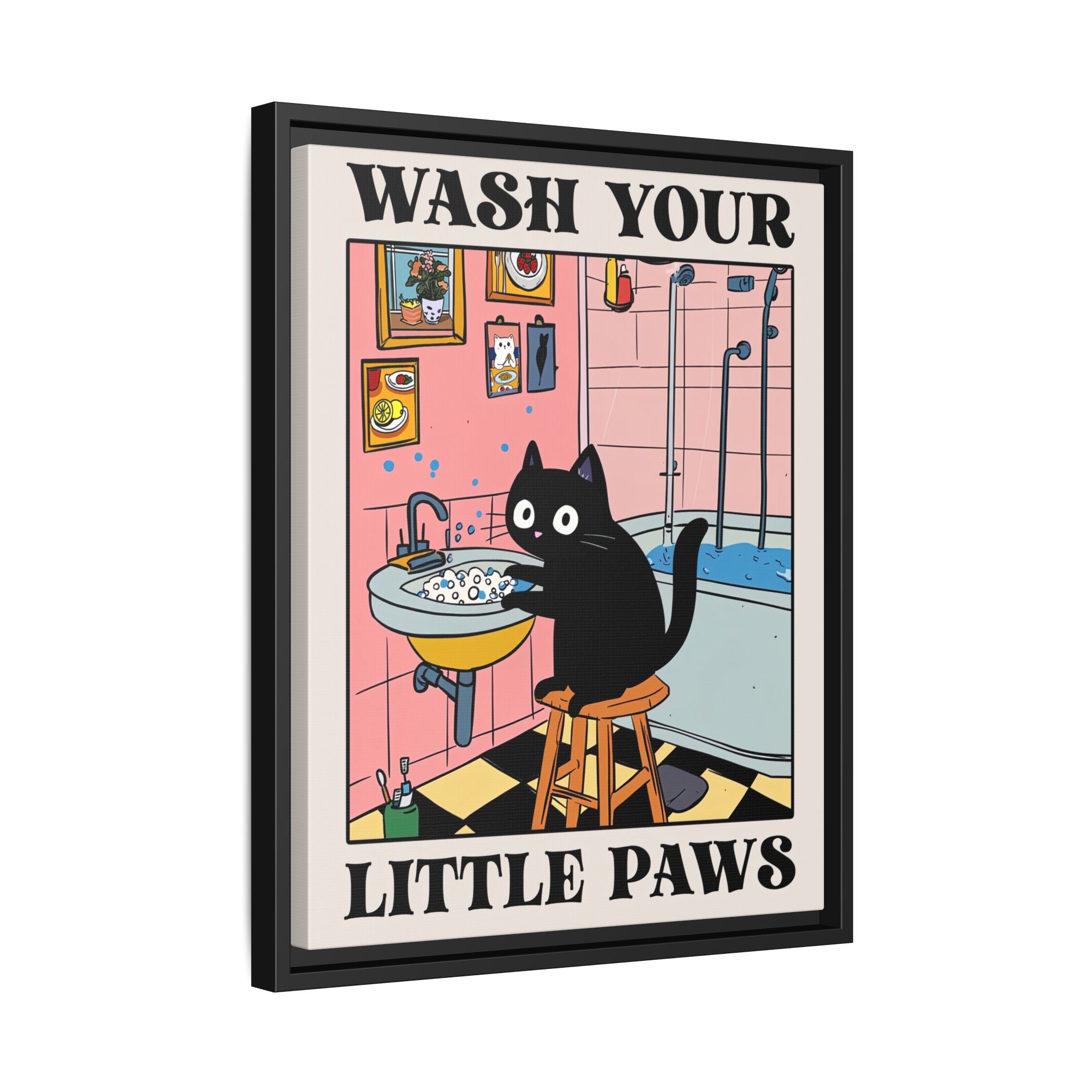 Framed Canvas - Wash Your Little Paws Cat