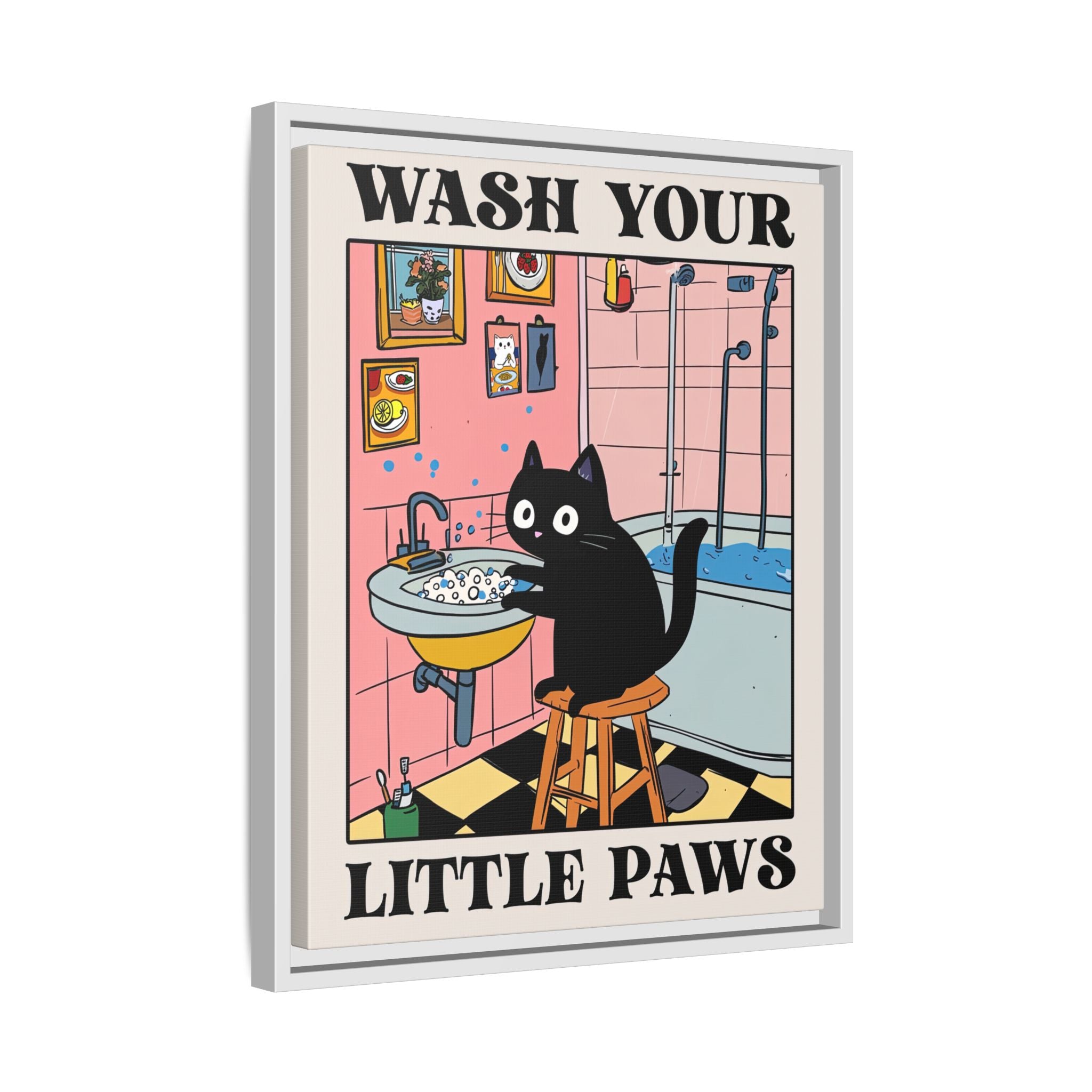 Framed Canvas - Wash Your Little Paws Cat