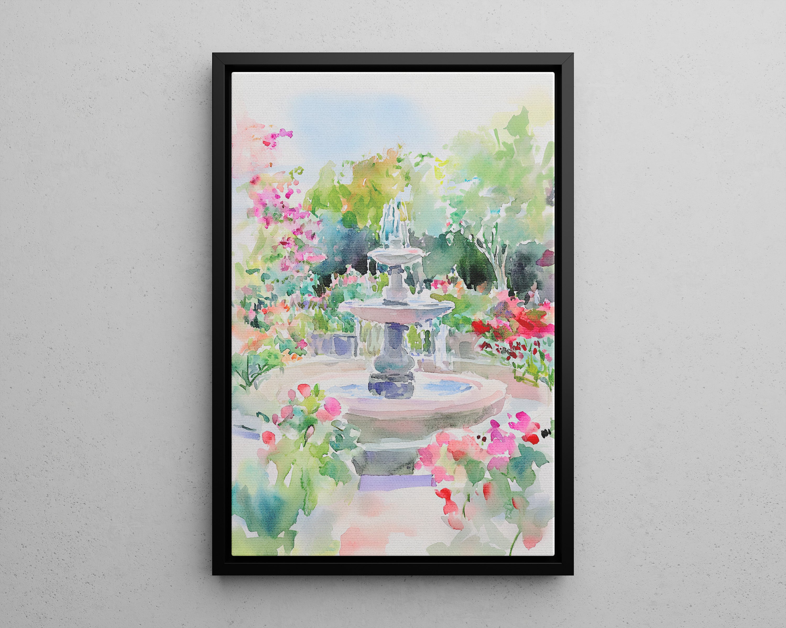 Framed Canvas - Charleston Garden Fountain View