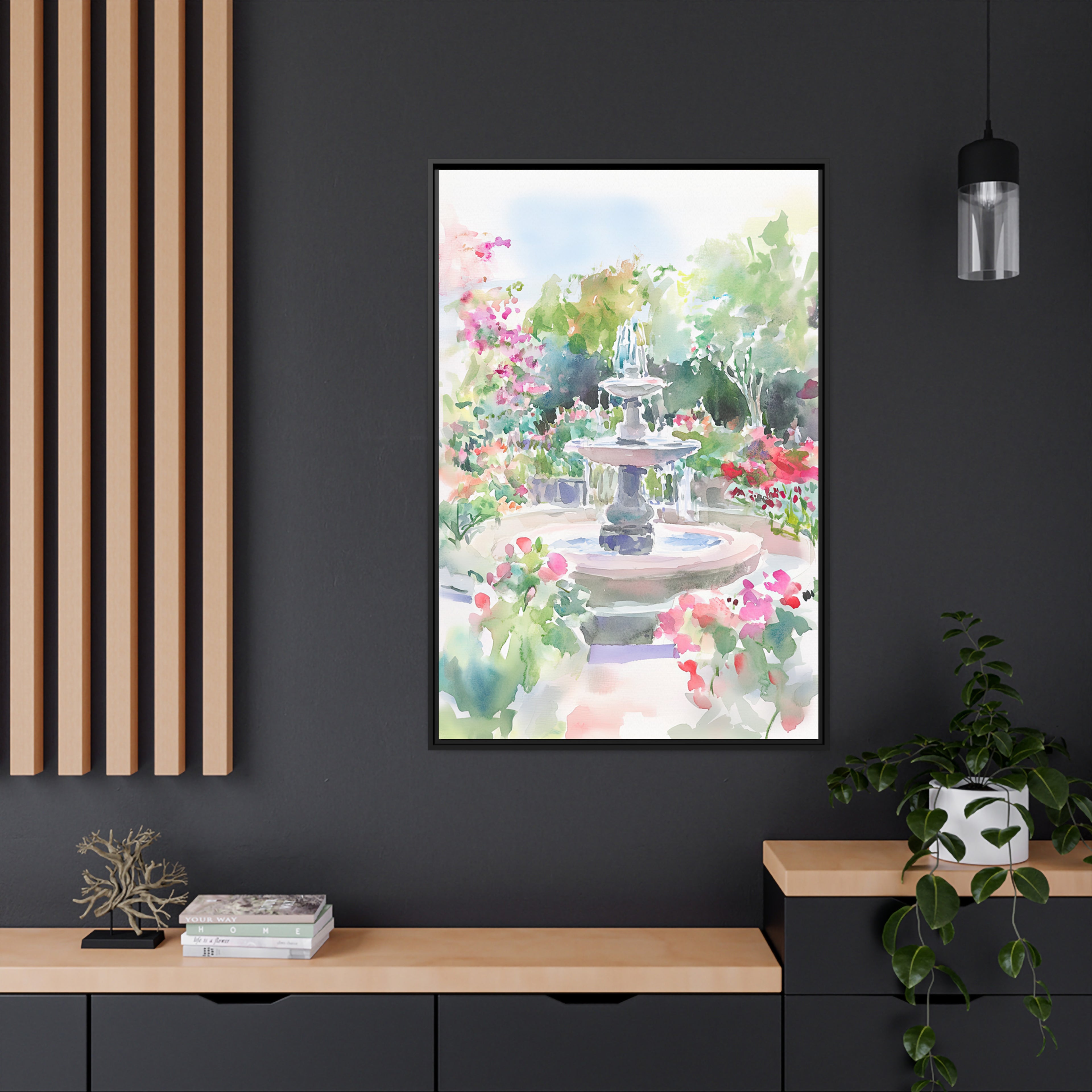 Framed Canvas - Charleston Garden Fountain View