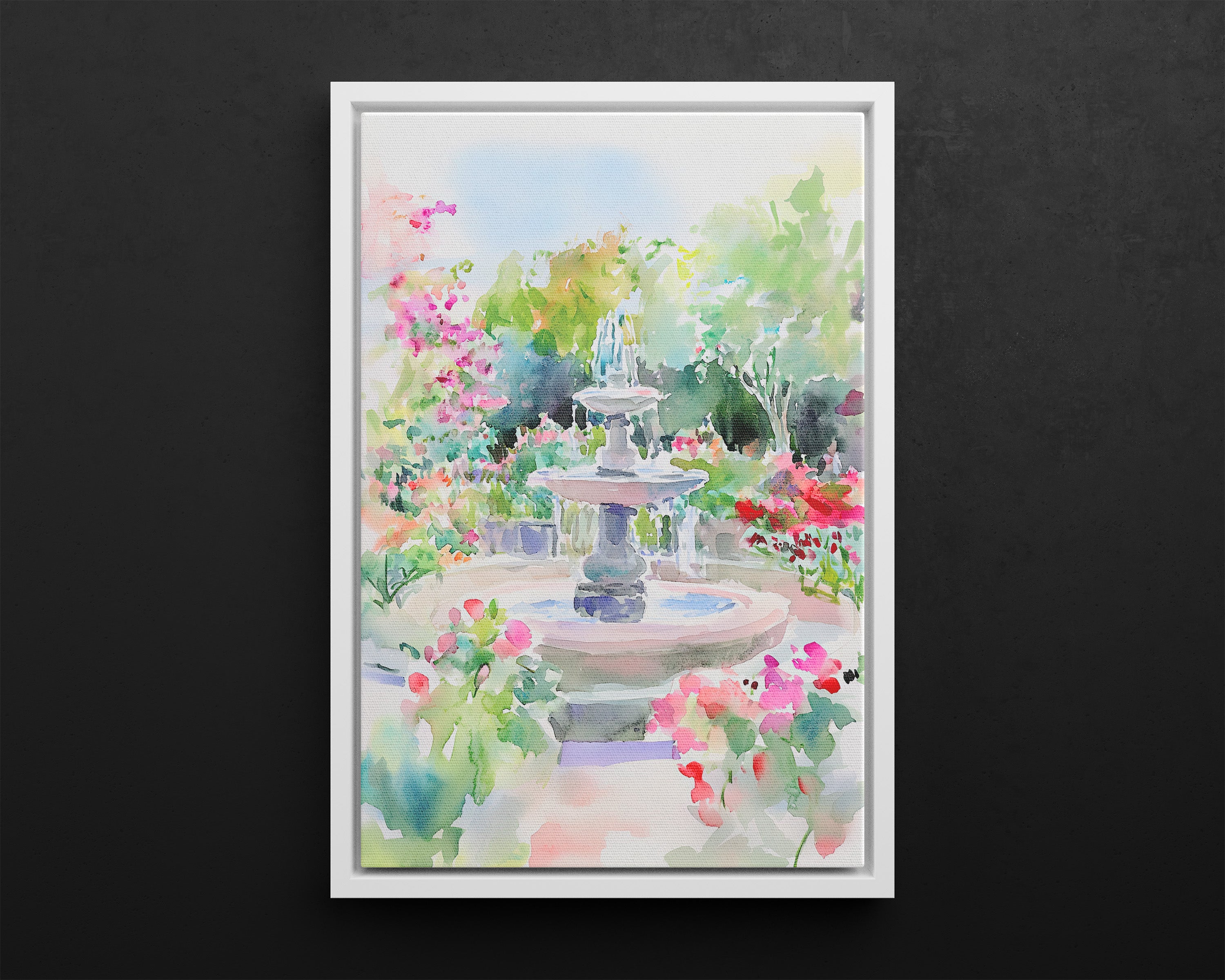 Framed Canvas - Charleston Garden Fountain View