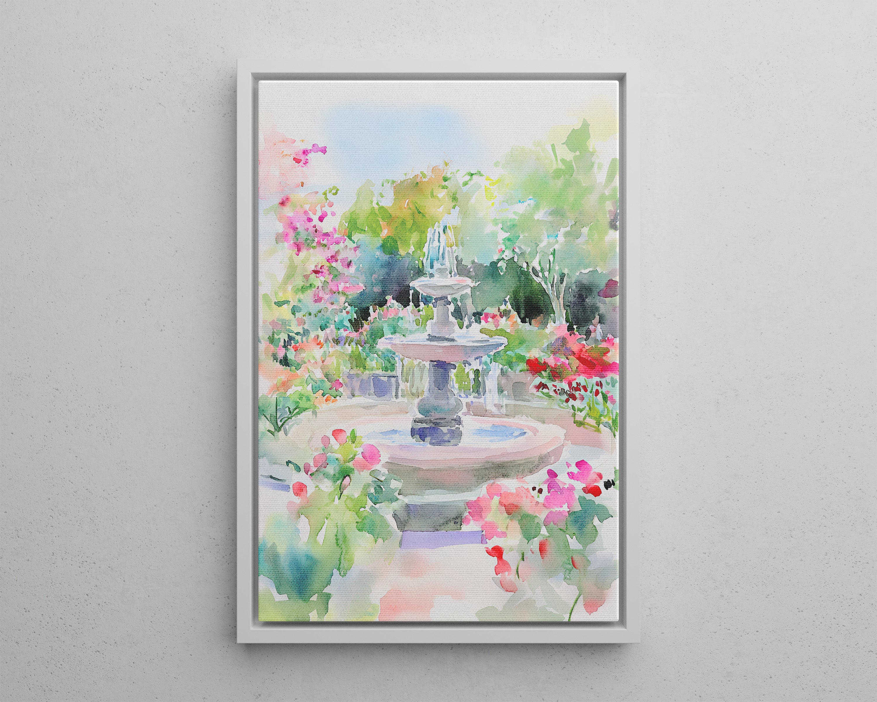 Framed Canvas - Charleston Garden Fountain View