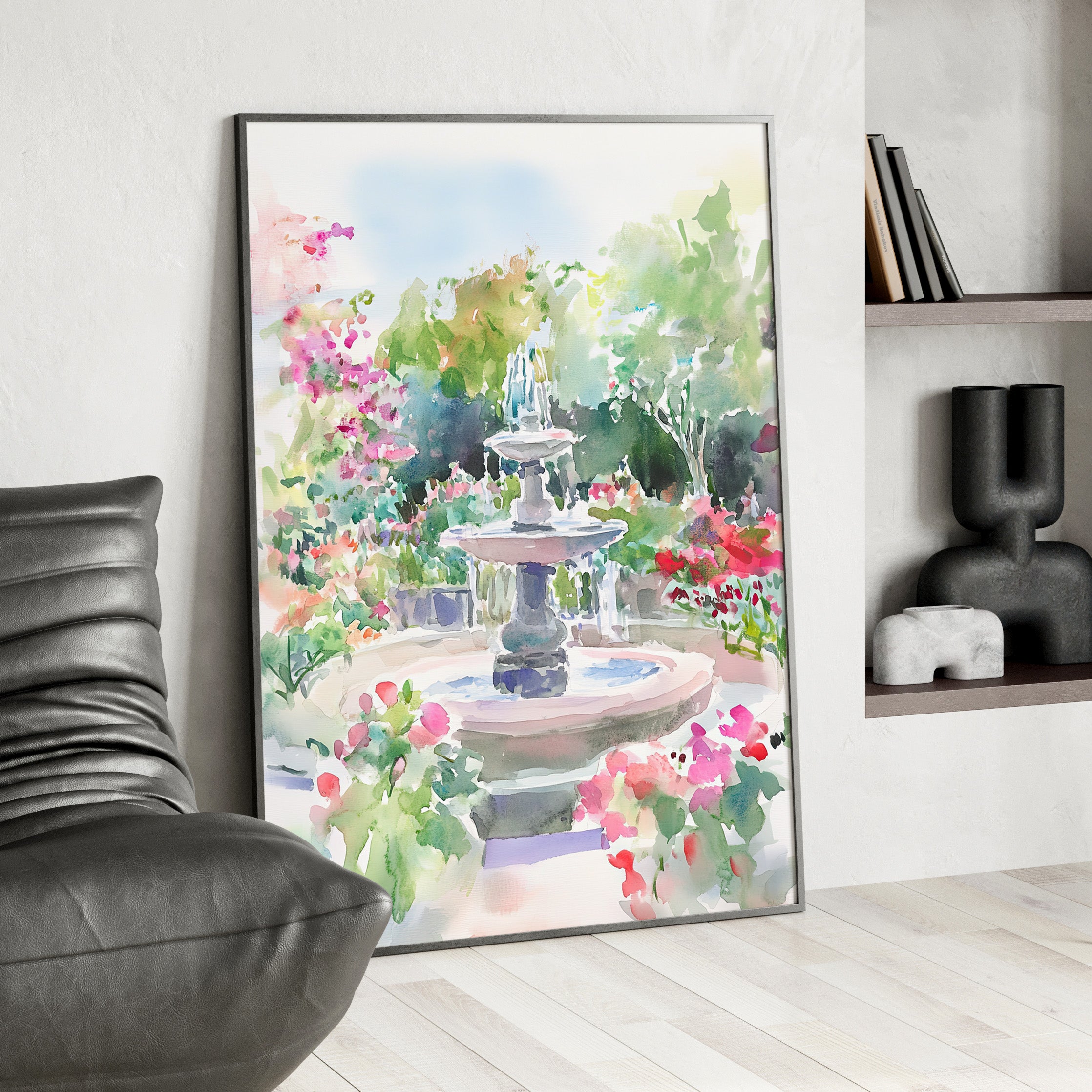 Framed Paper Print - Charleston Garden Fountain View