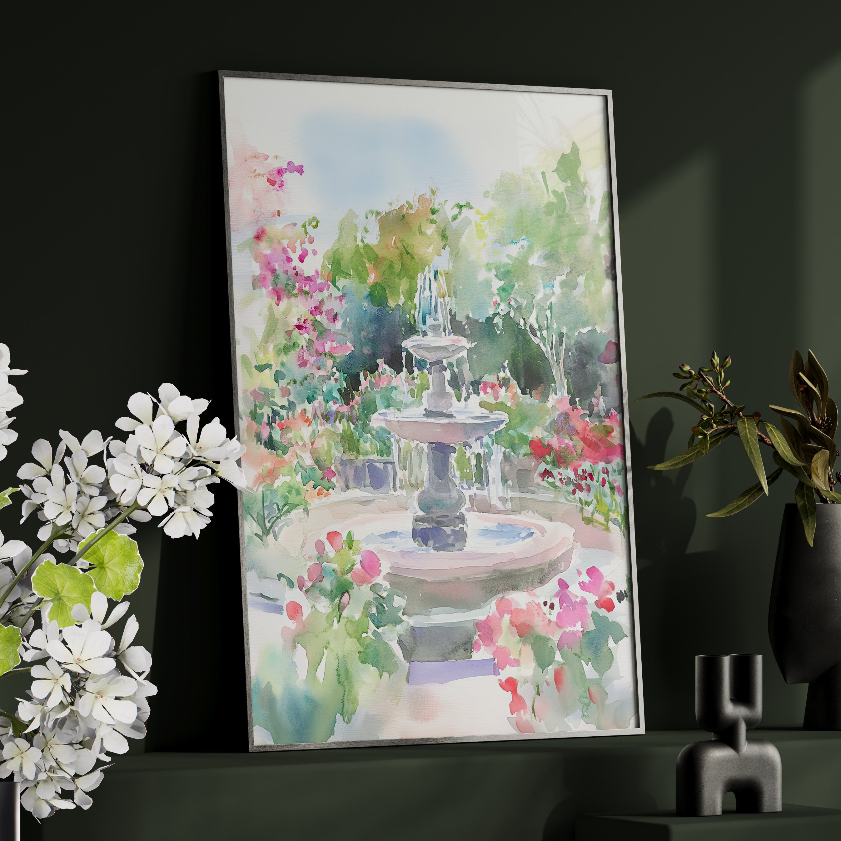 Framed Paper Print - Charleston Garden Fountain View