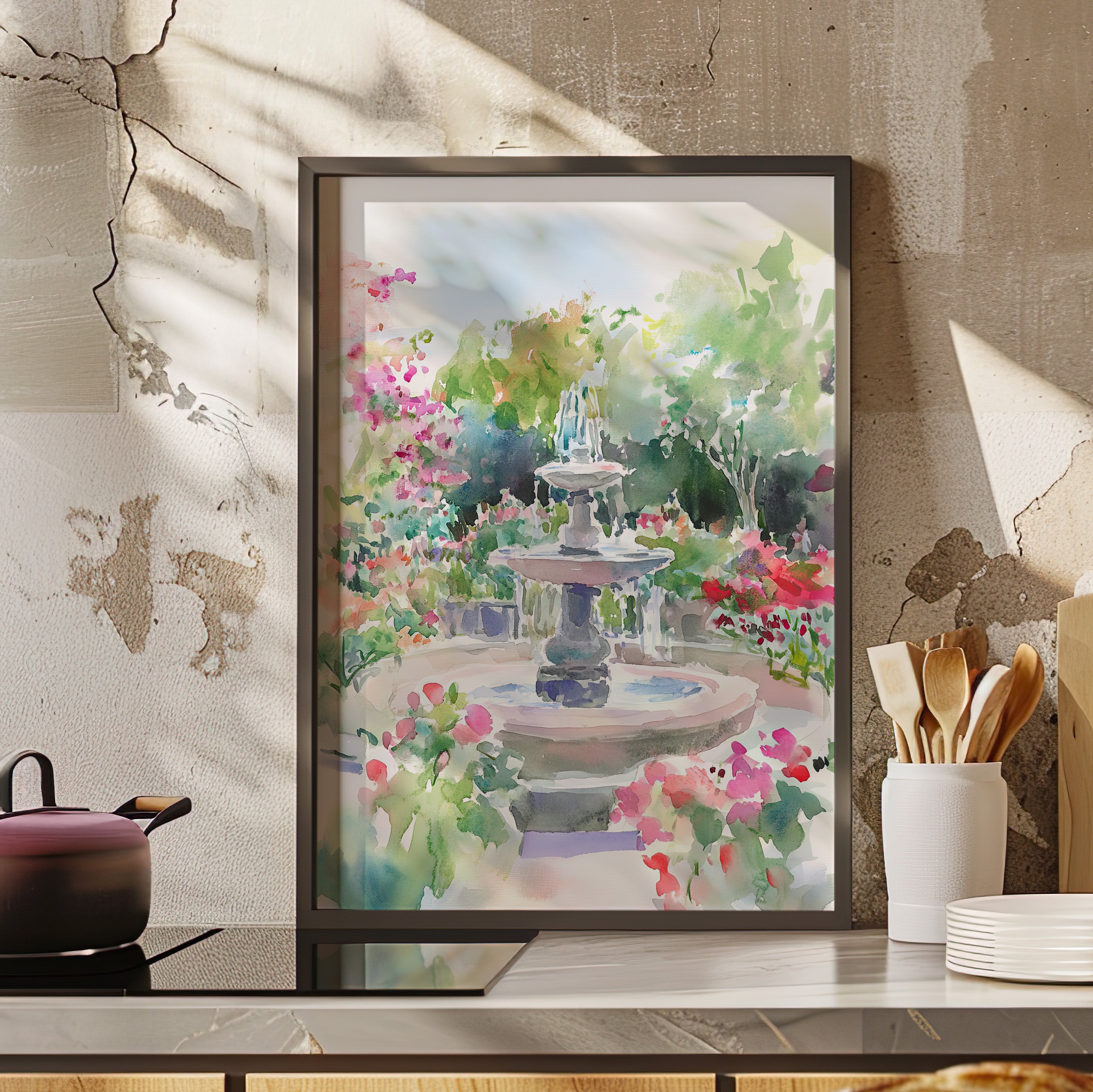 Framed Paper Print - Charleston Garden Fountain View