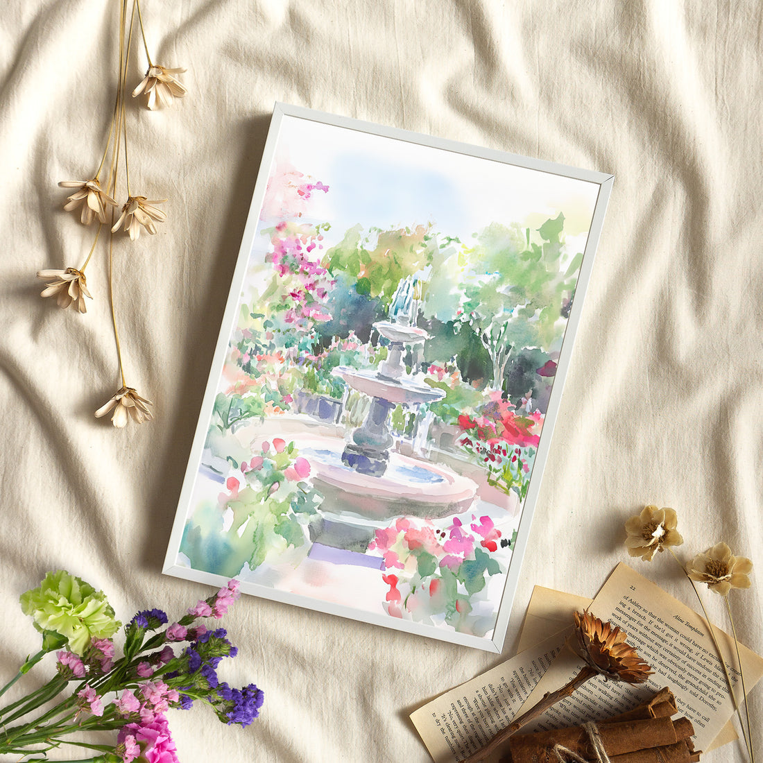 Framed Paper Print - Charleston Garden Fountain View
