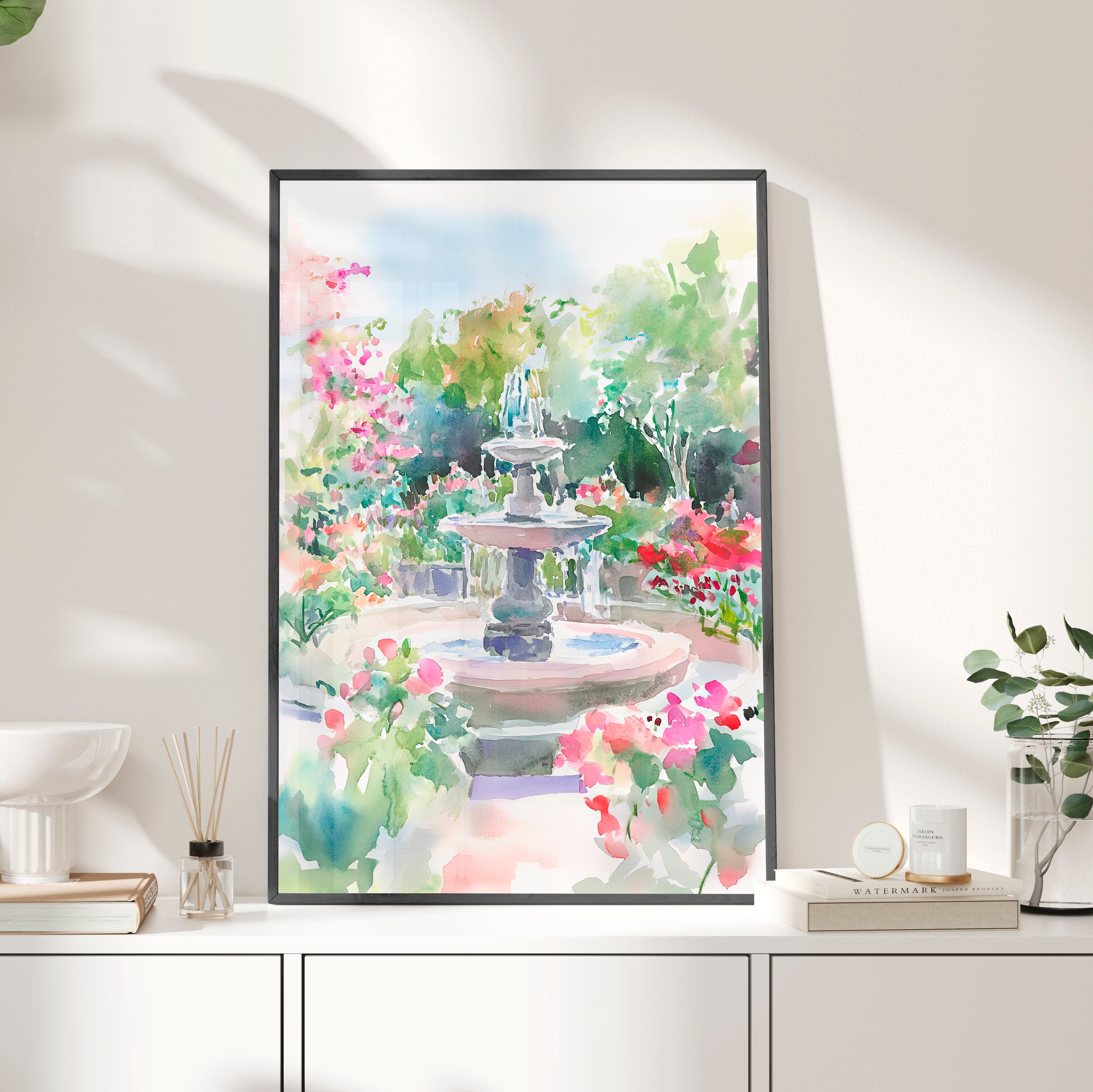 Framed Paper Print - Charleston Garden Fountain View