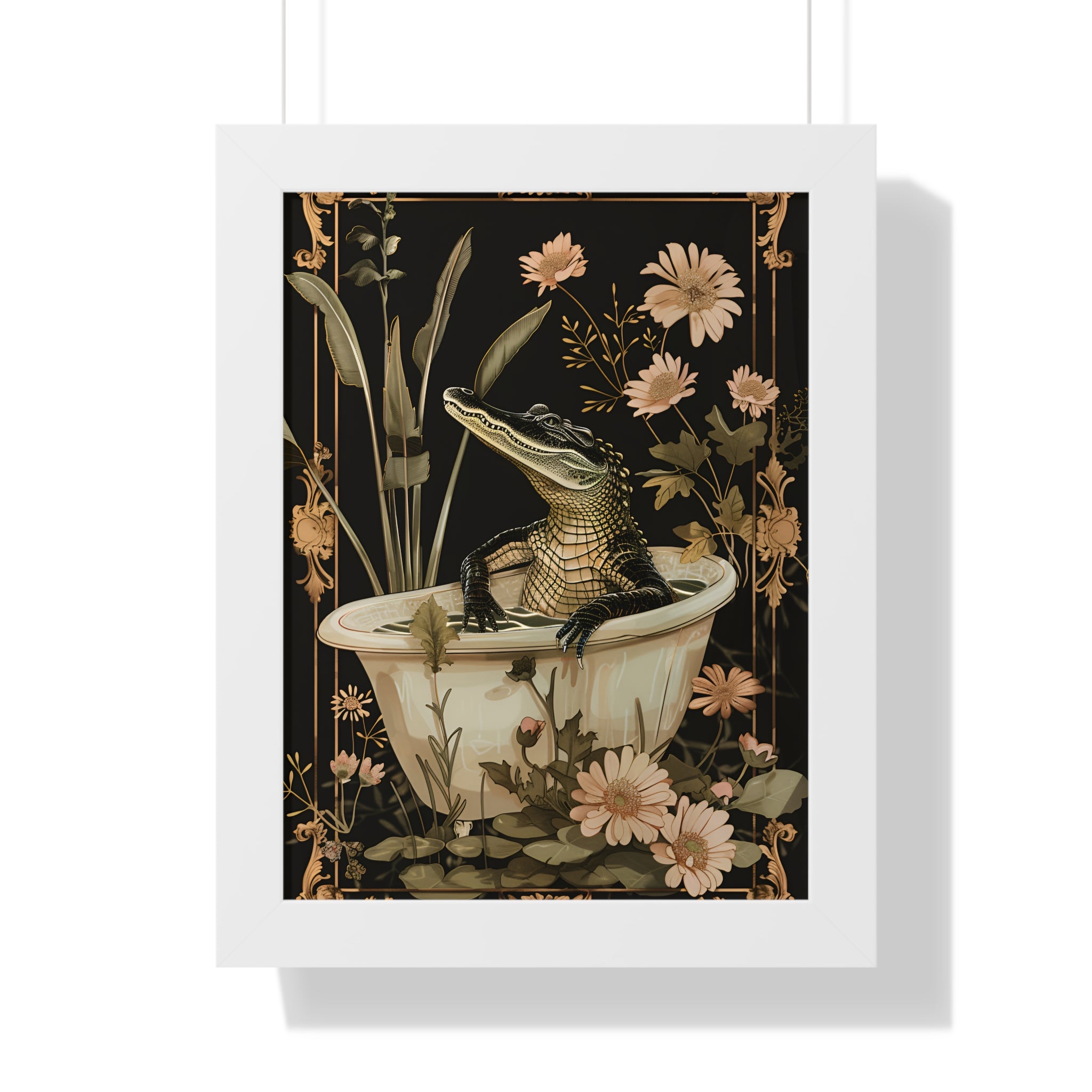 Framed Paper Print - Crocodile in Bloom Bath Bliss