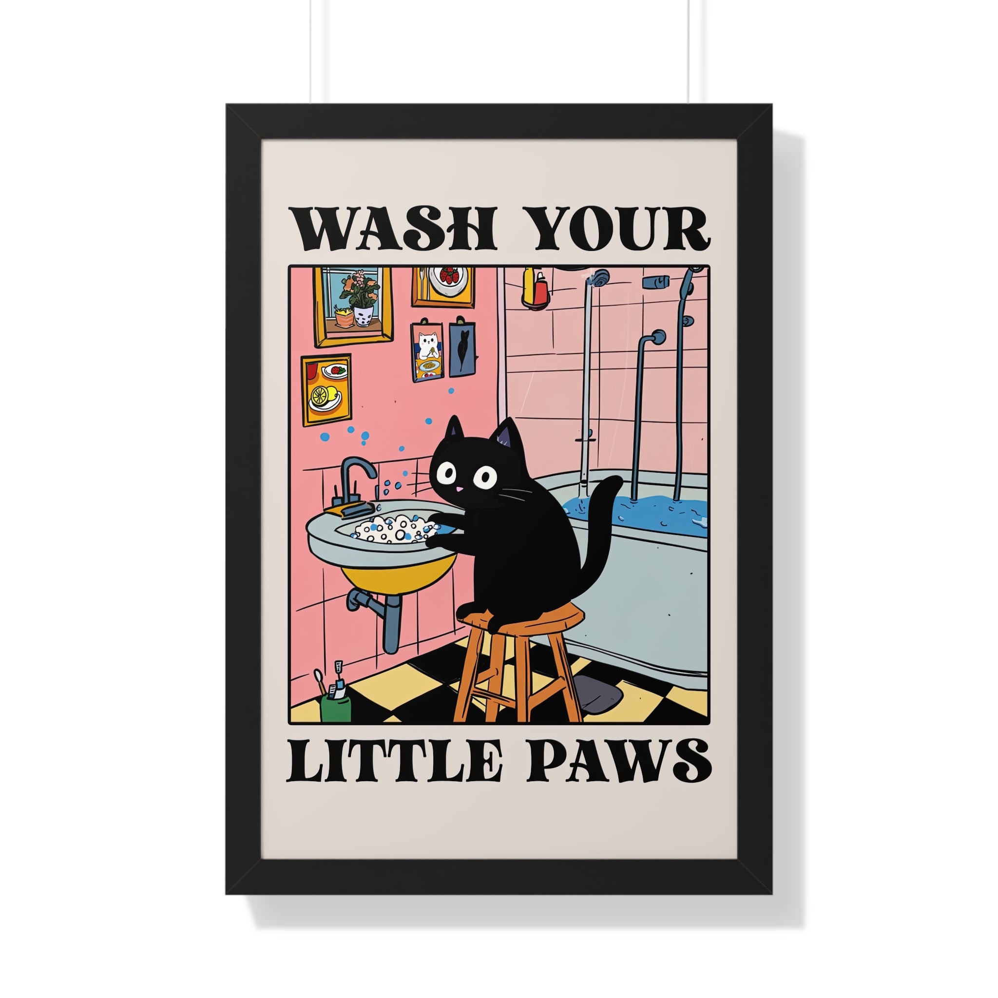 Framed Paper Print - Wash Your Little Paws Cat