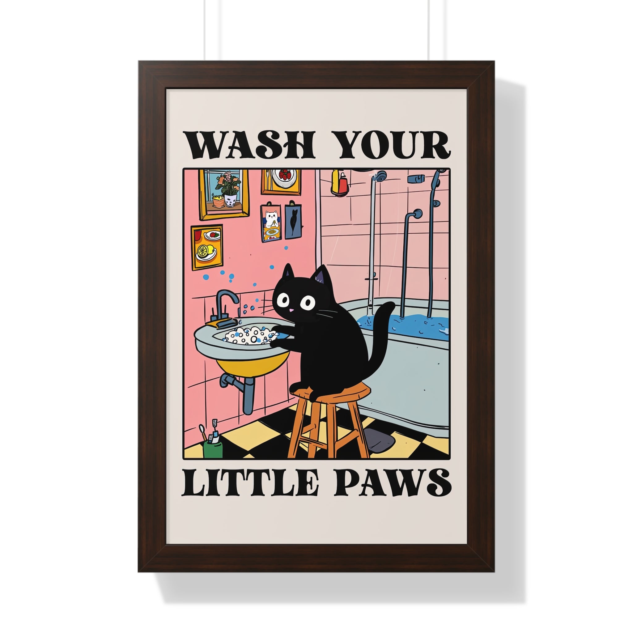 Framed Paper Print - Wash Your Little Paws Cat