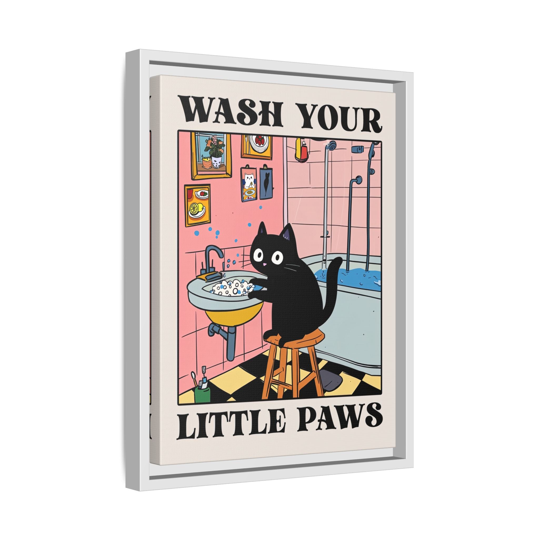 Framed Canvas - Wash Your Little Paws Cat