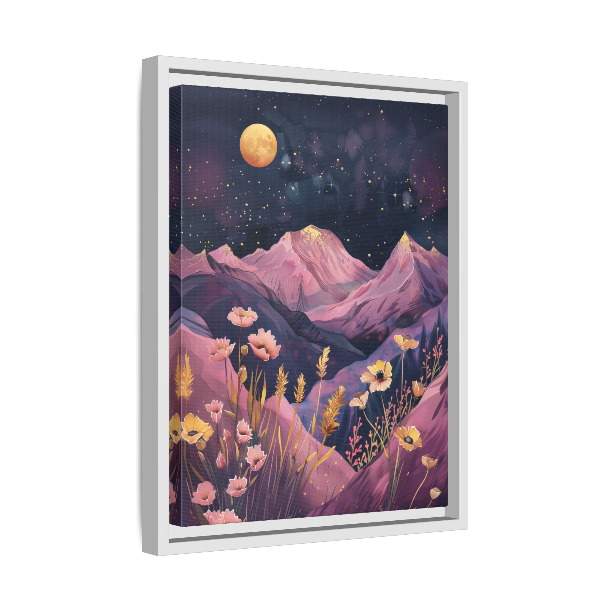 Framed Canvas - Golden Moon Over Lavender Peaks