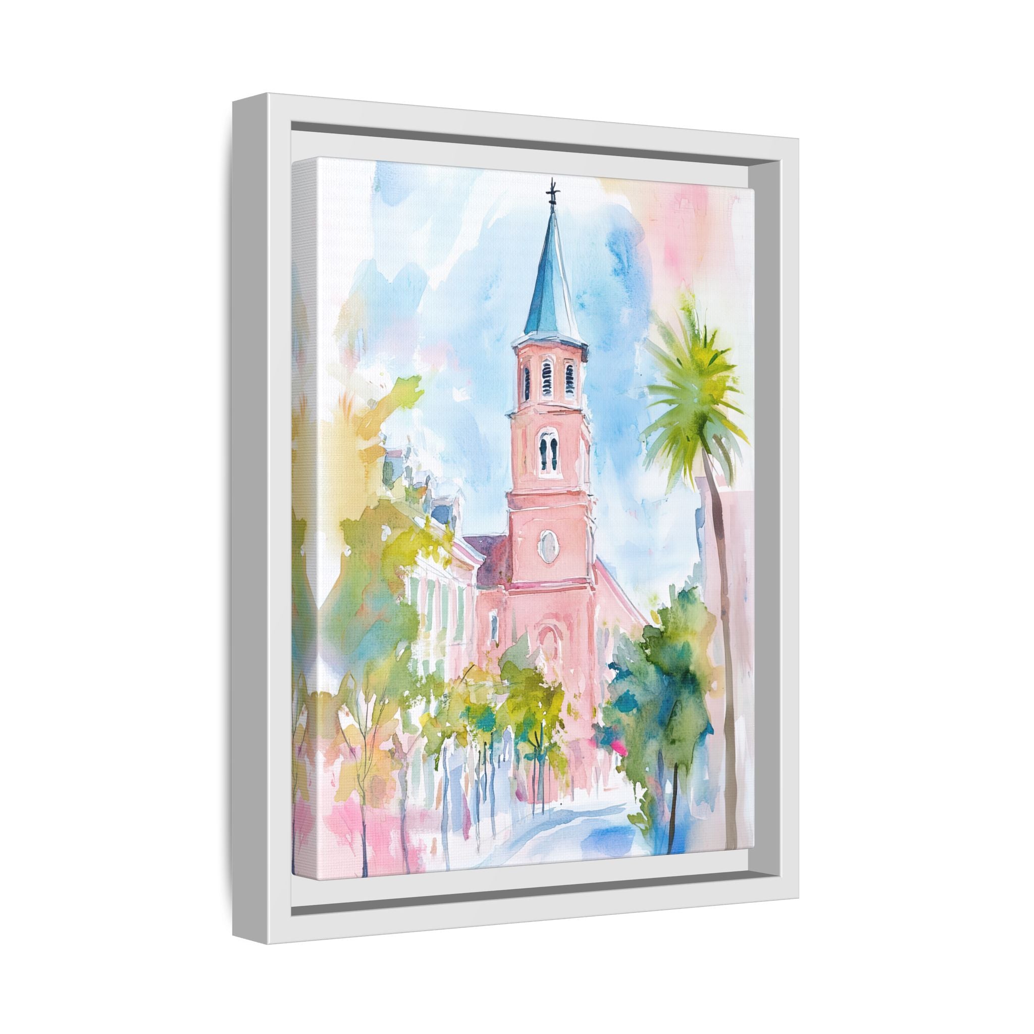 Framed Canvas - Charleston Steeple in Pastel Haze
