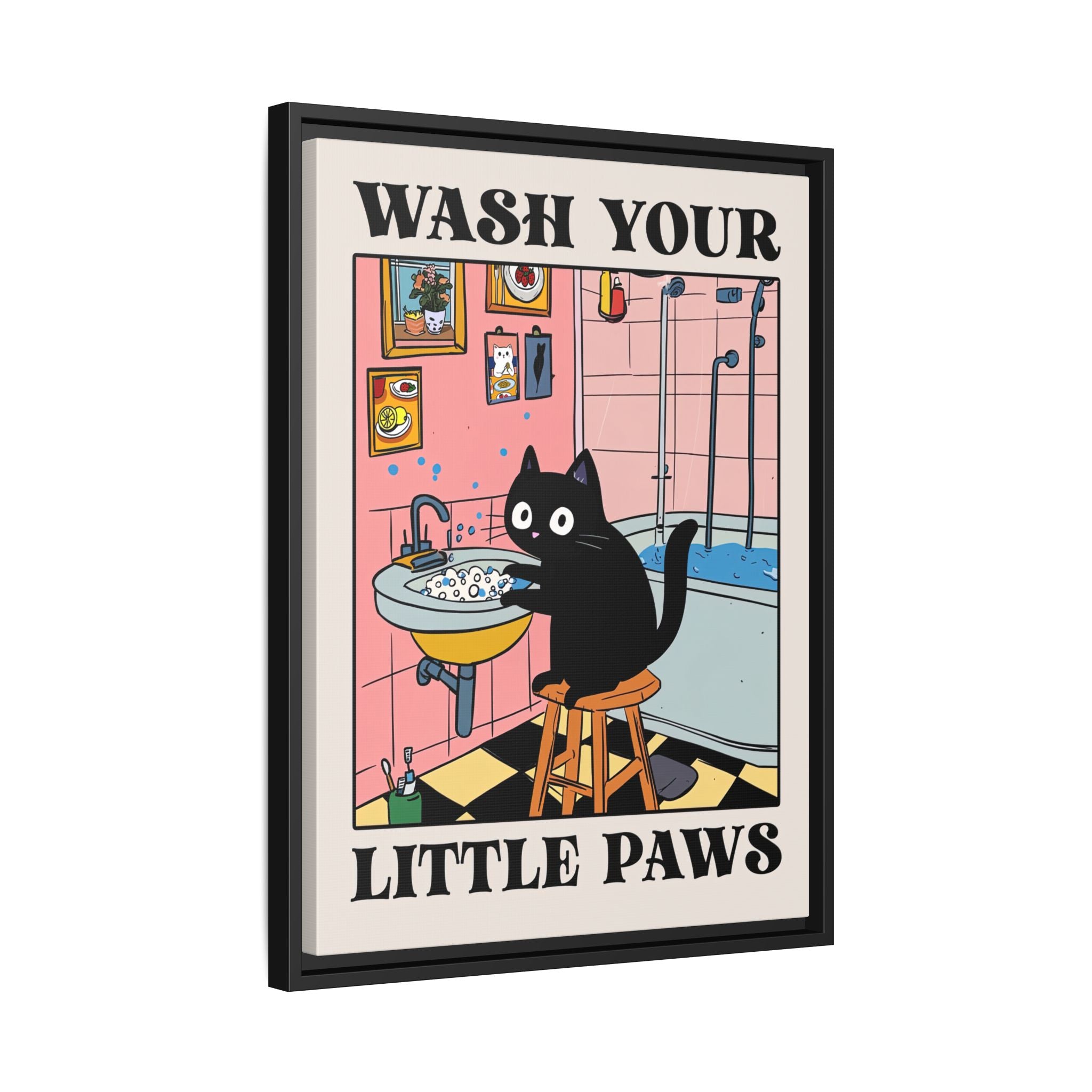 Framed Canvas - Wash Your Little Paws Cat
