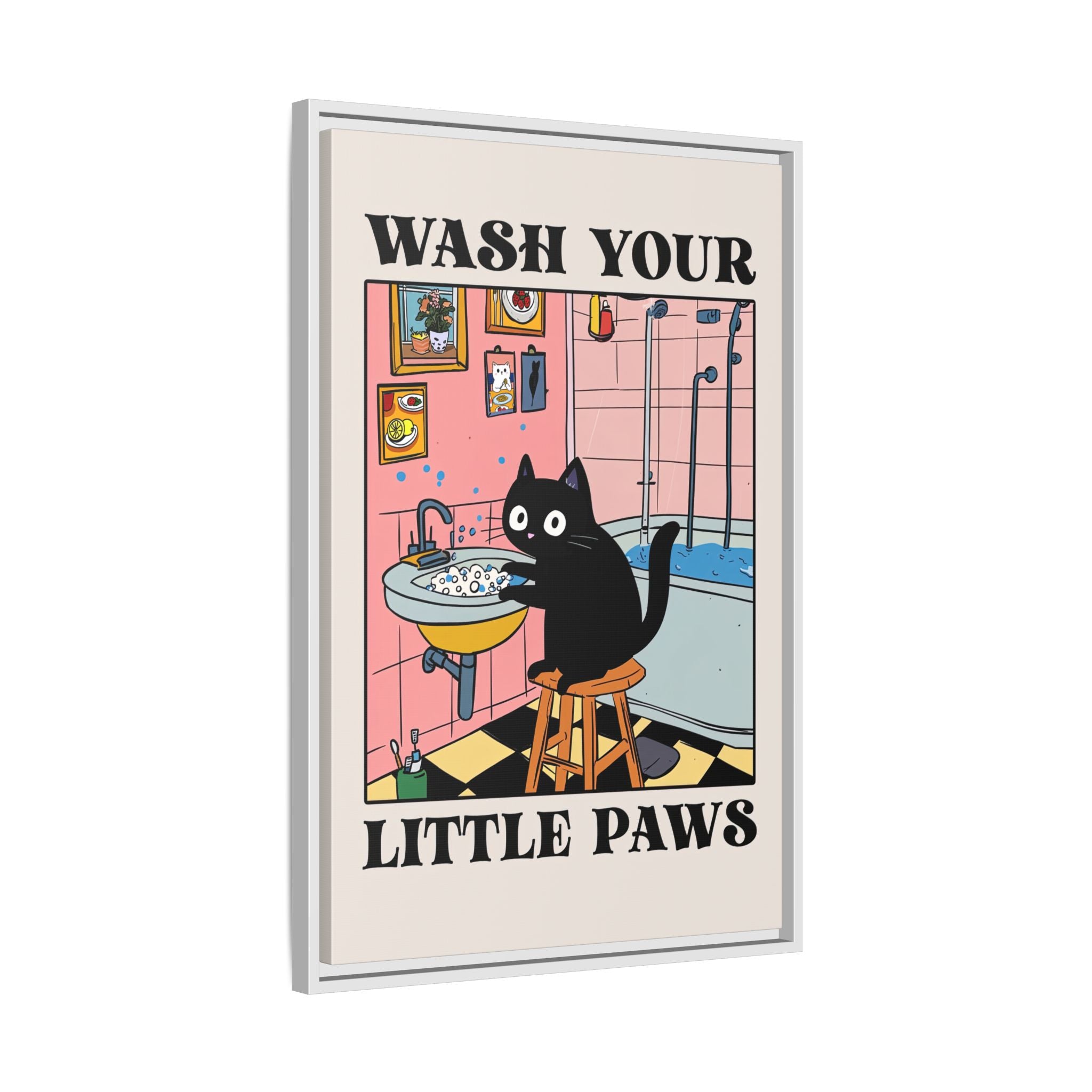 Framed Canvas - Wash Your Little Paws Cat