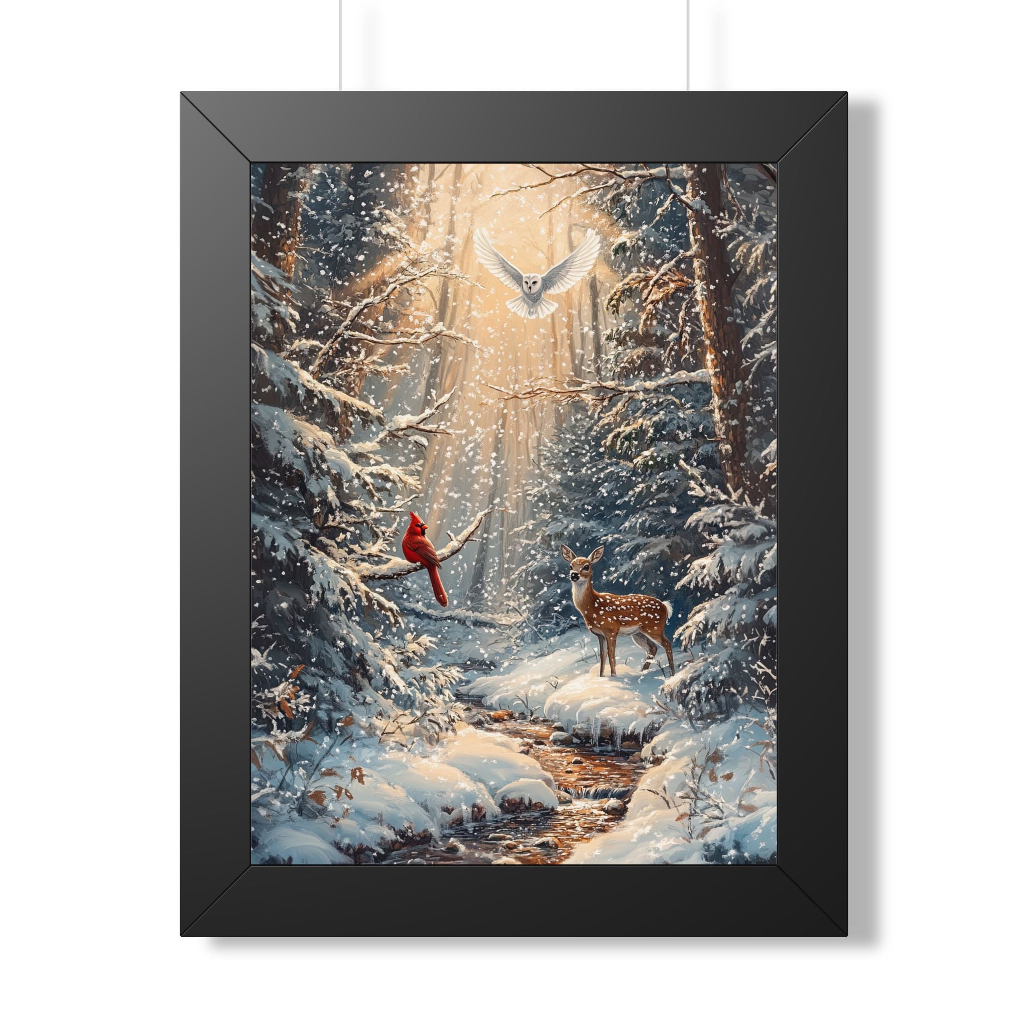 Framed Paper Print - Winter Cardinal Deer Owl