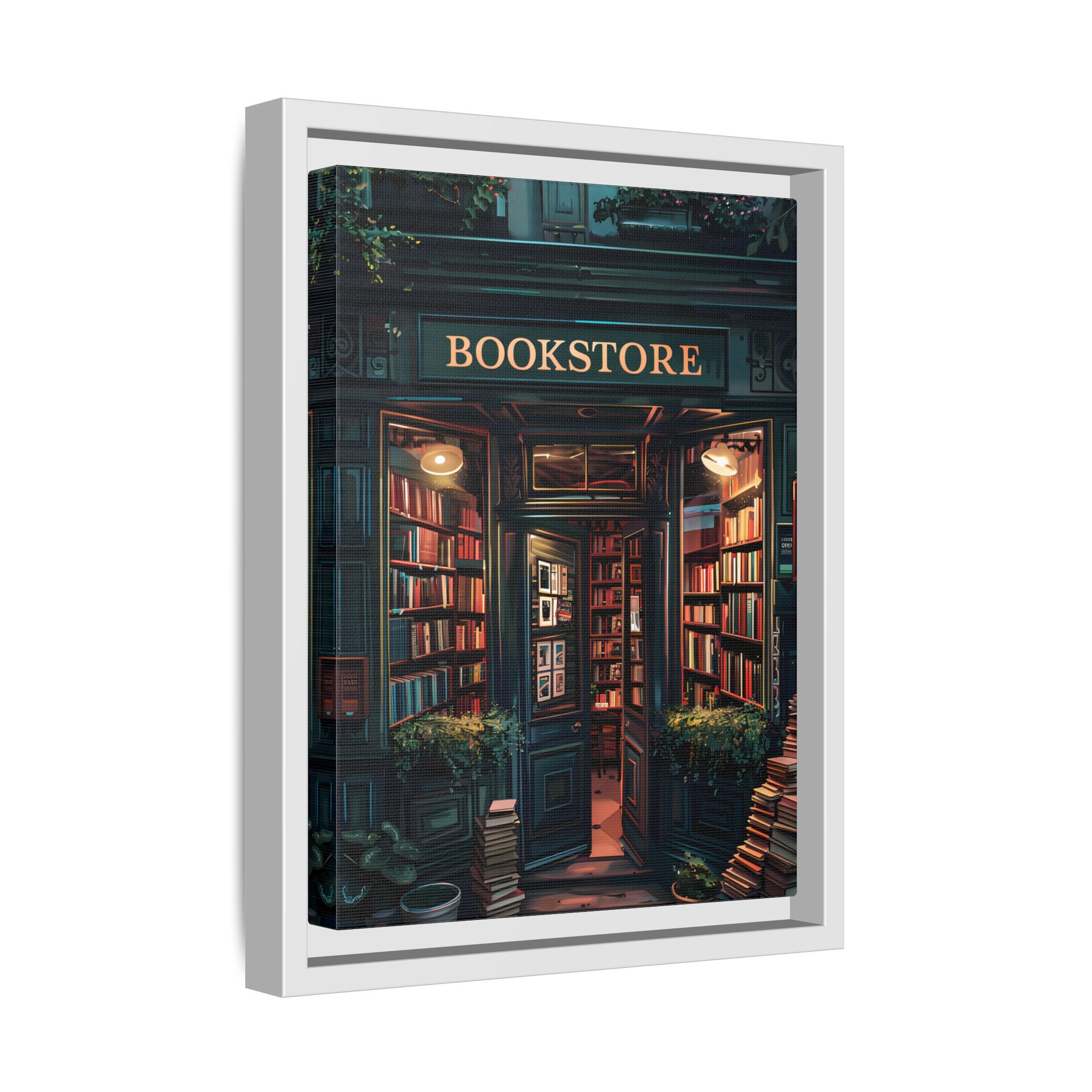 Framed Canvas - Midnight Bookstore Glow
