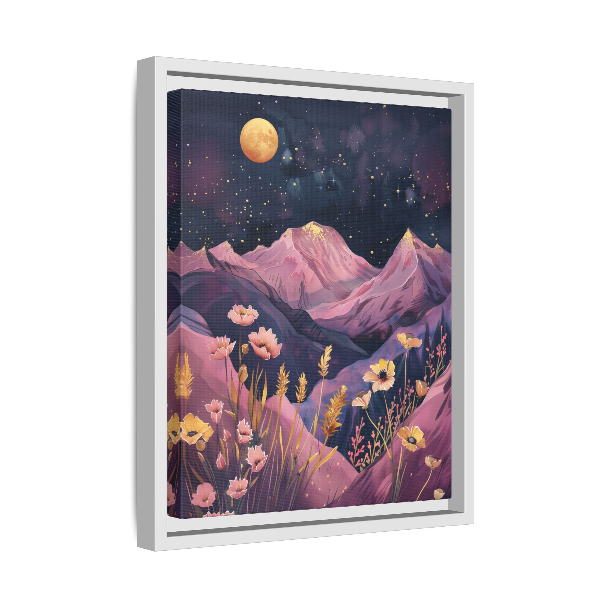 Framed Canvas - Golden Moon Over Lavender Peaks