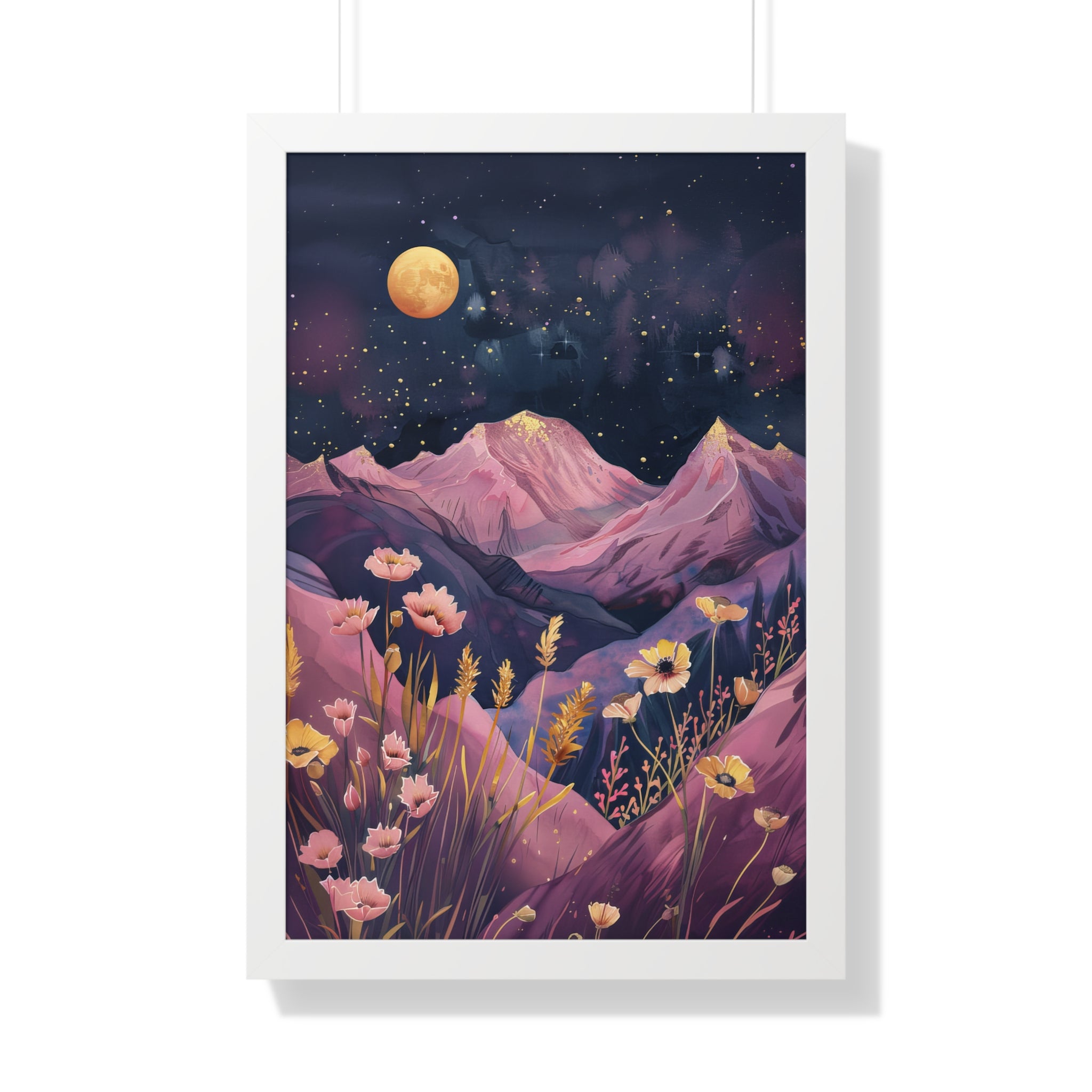 Framed Paper Print - Golden Moon Over Lavender Peaks