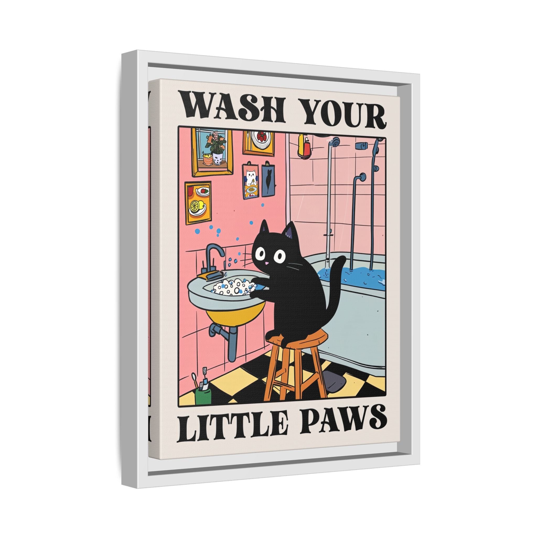 Framed Canvas - Wash Your Little Paws Cat