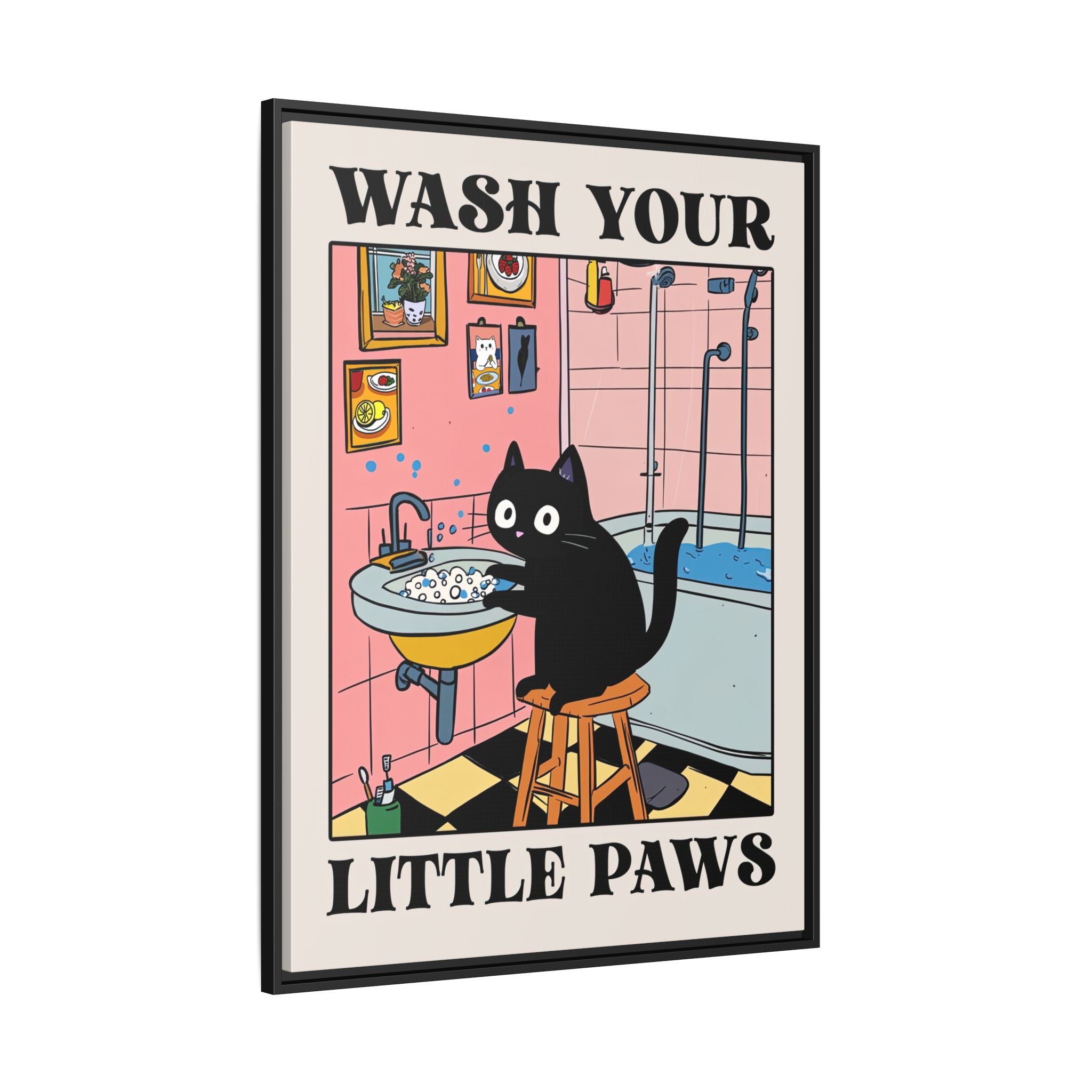 Framed Canvas - Wash Your Little Paws Cat
