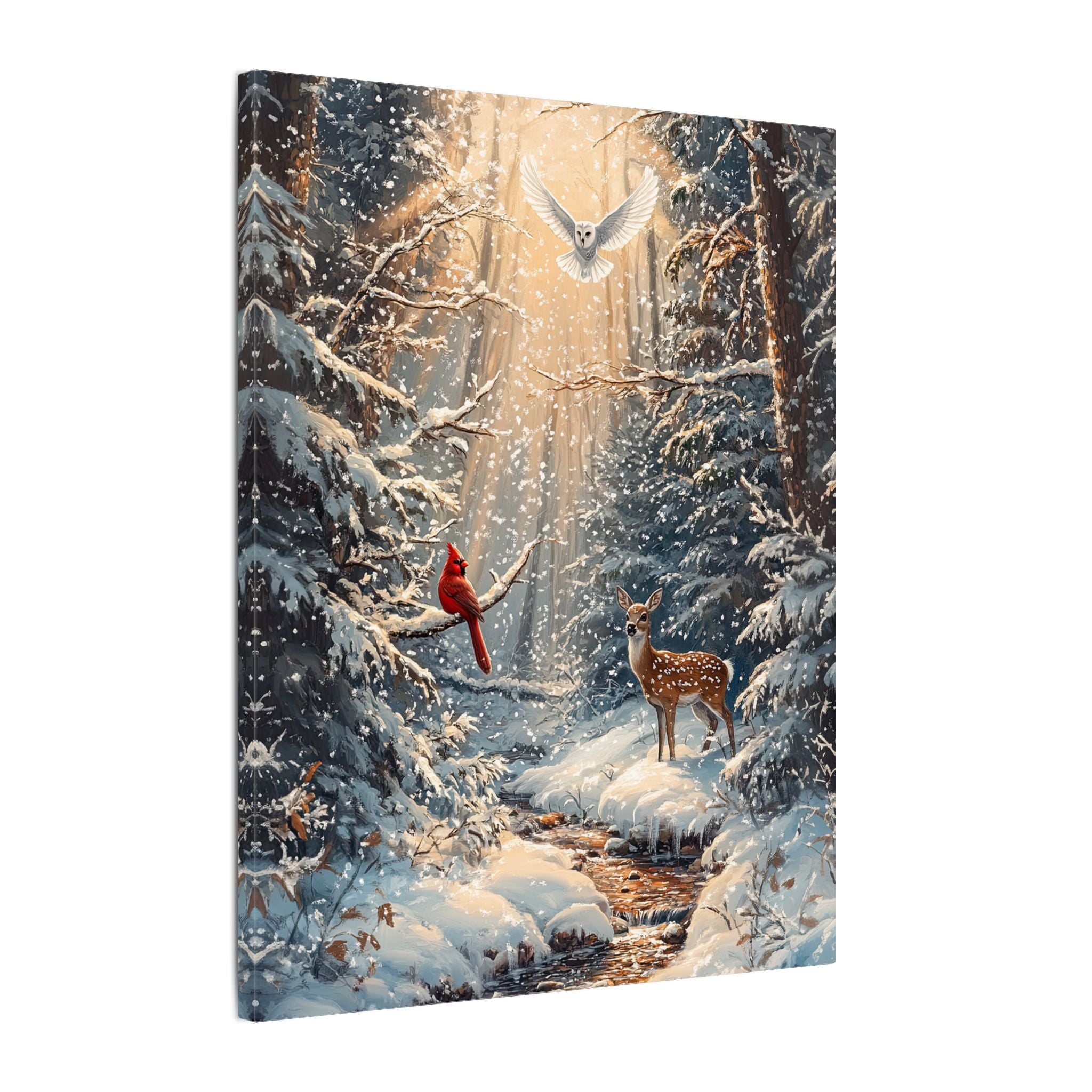 .75" Matte Canvas - Winter Cardinal Deer Owl