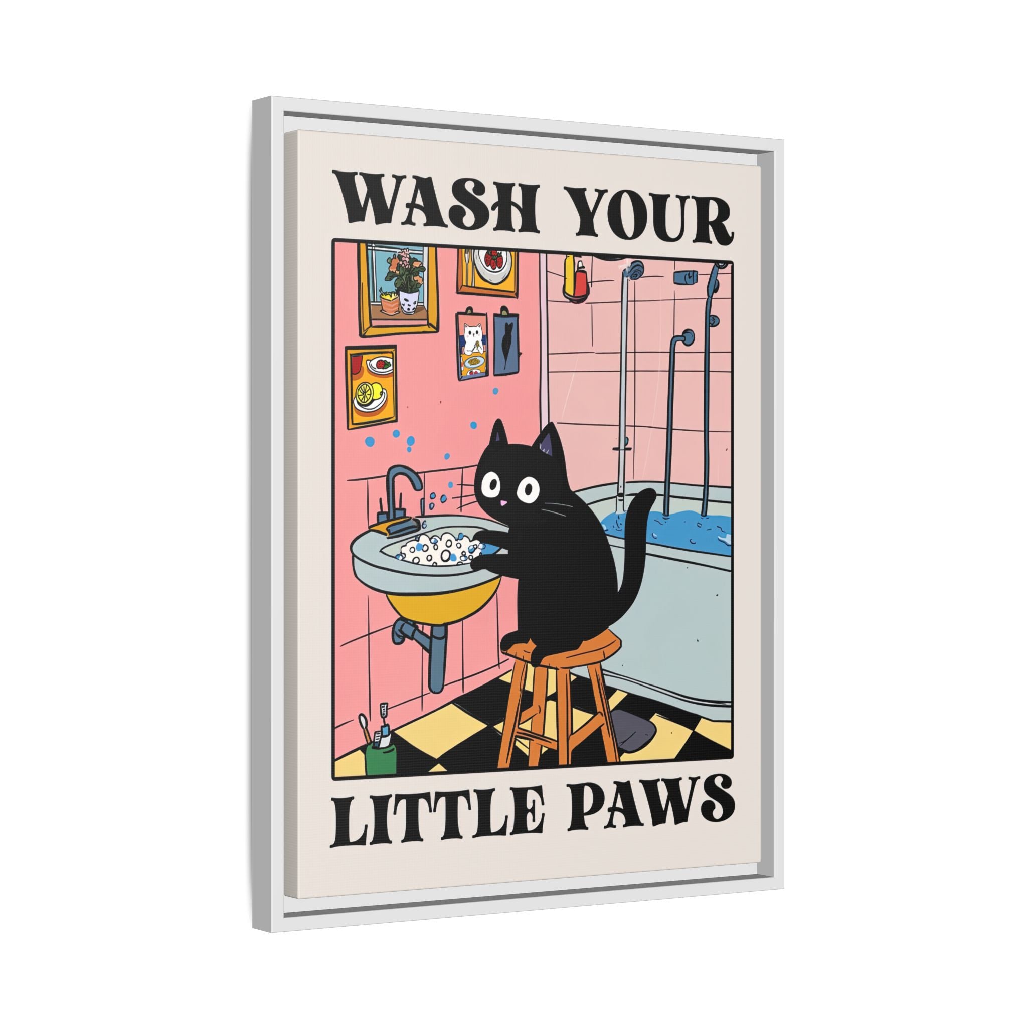 Framed Canvas - Wash Your Little Paws Cat