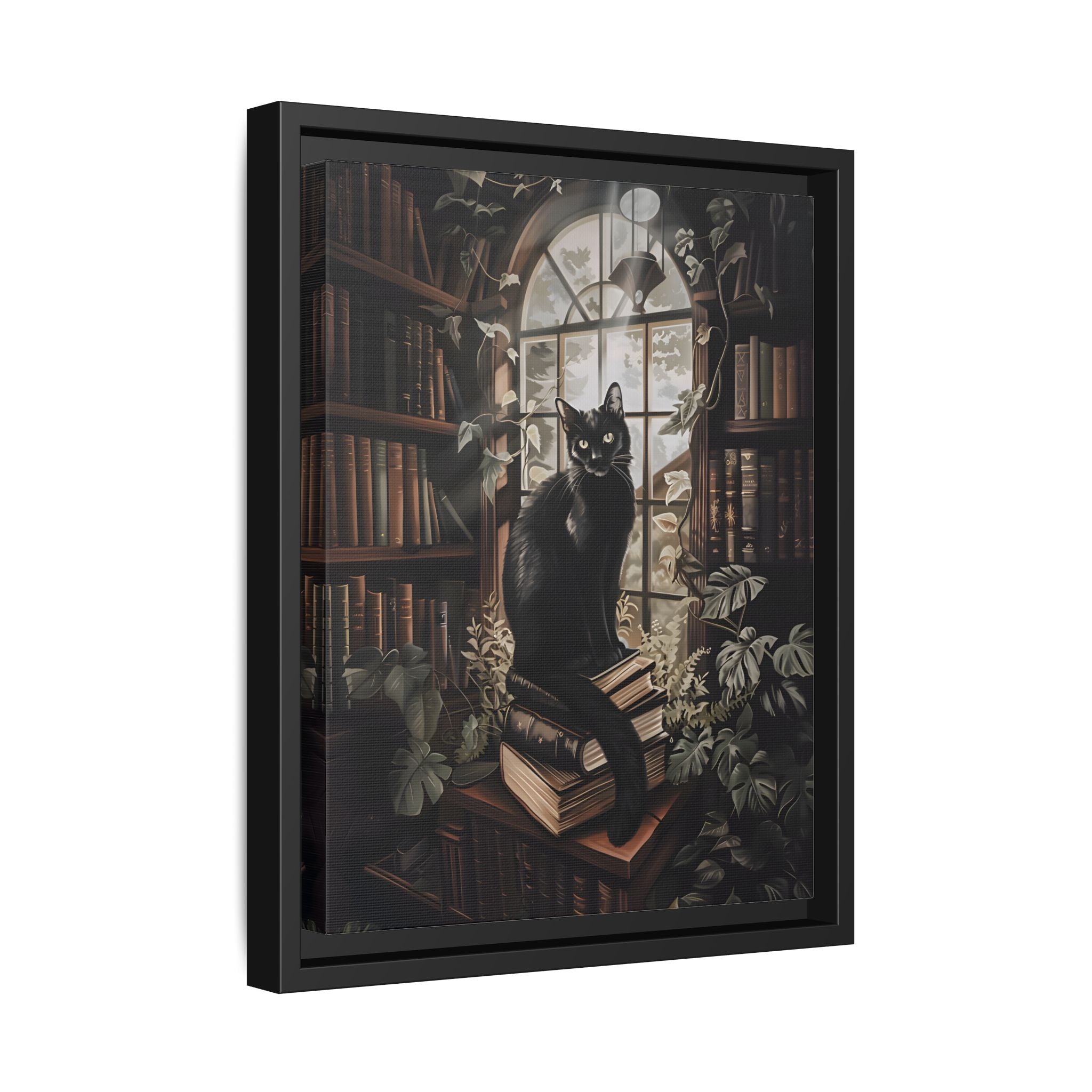 Framed Canvas - Book Hoarder Feline Gaze