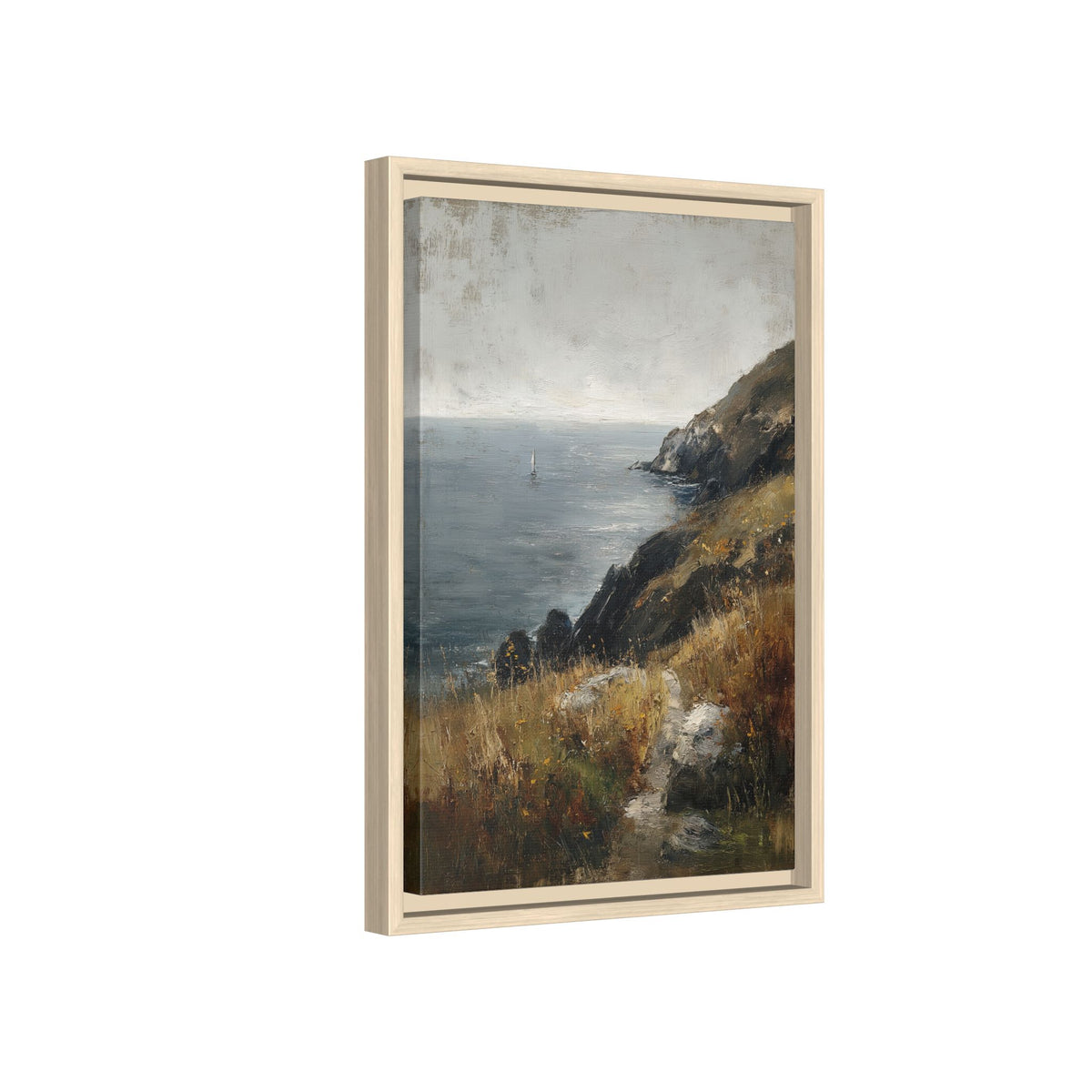 Framed Canvas - Cliffside Sailboat Seascape