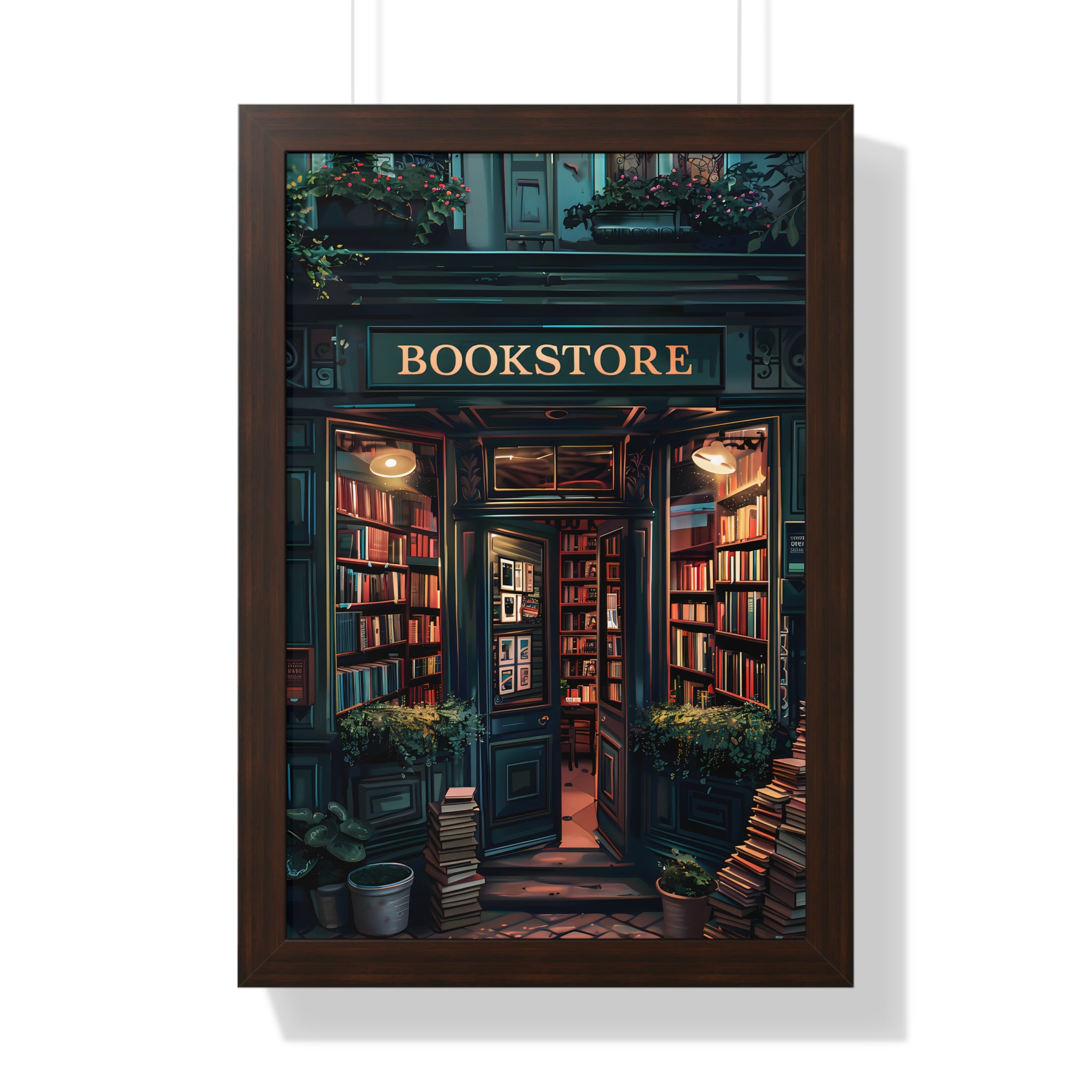 Framed Paper Print - Midnight Bookstore Glow